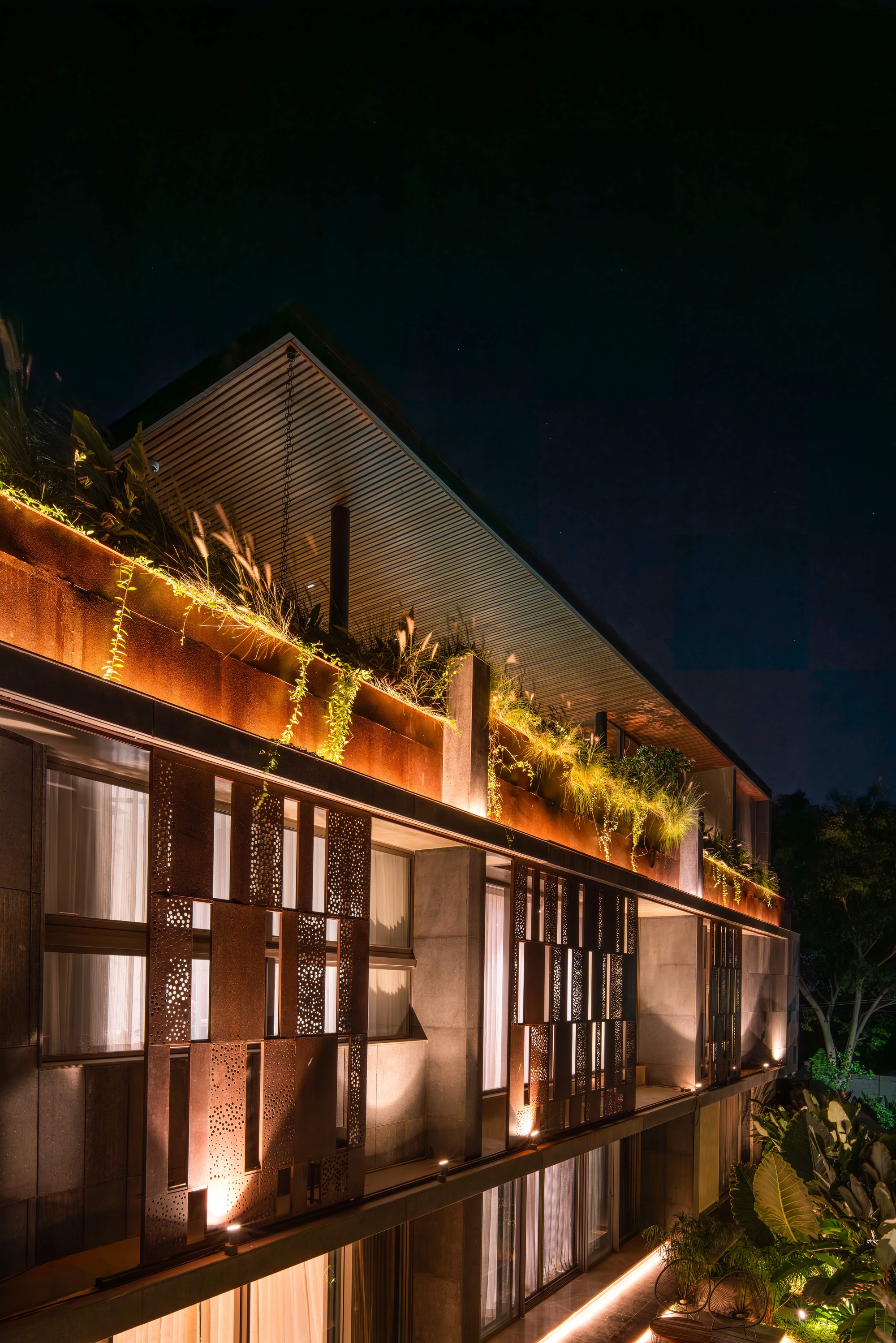Night view of a facade with perforated corten panels and planters spilling grasses and vines beneath a slatted roof