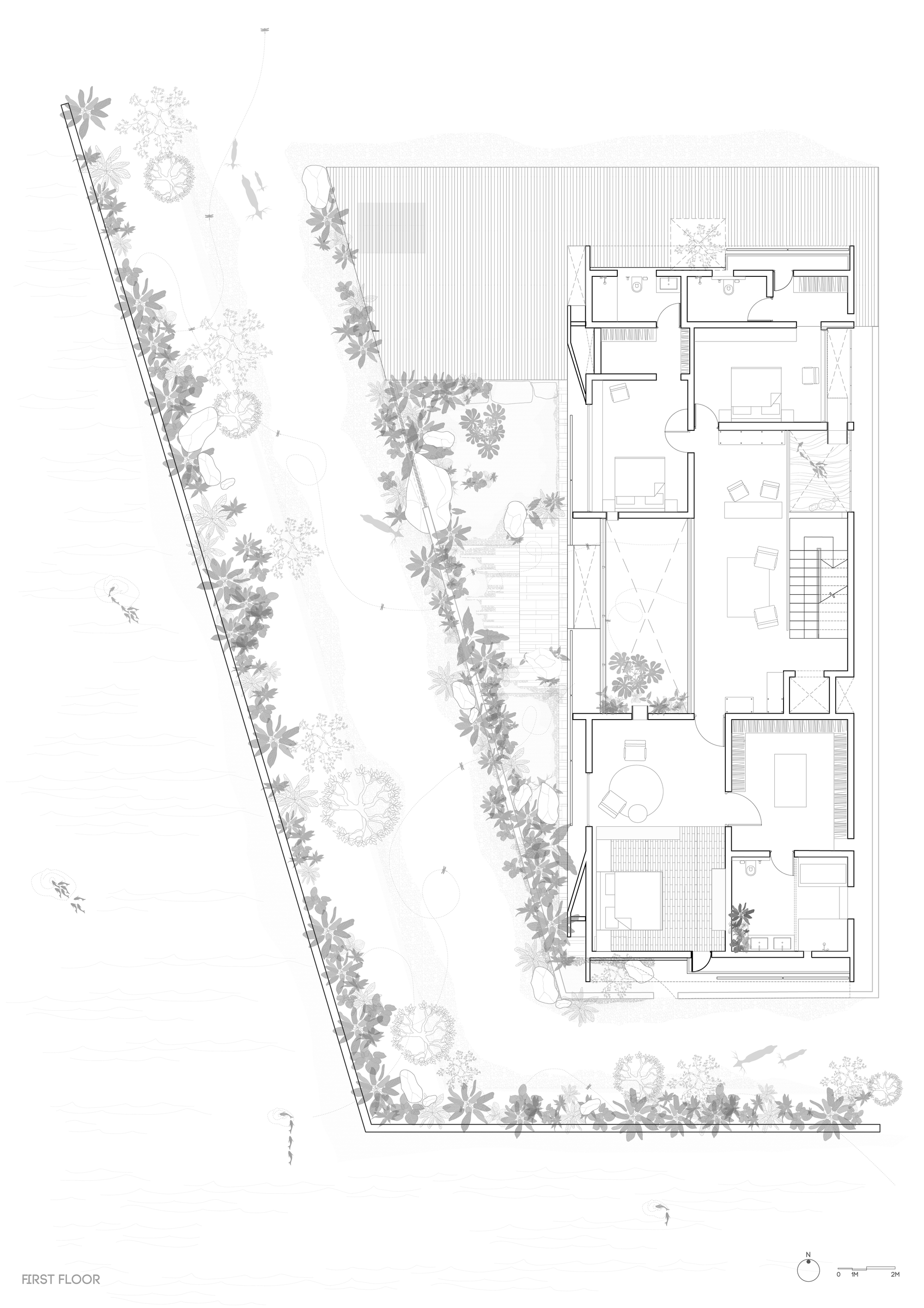 First floor plan drawing showing bedrooms, a central lounge and a stair beside a planted slope with a long angled boundary wall