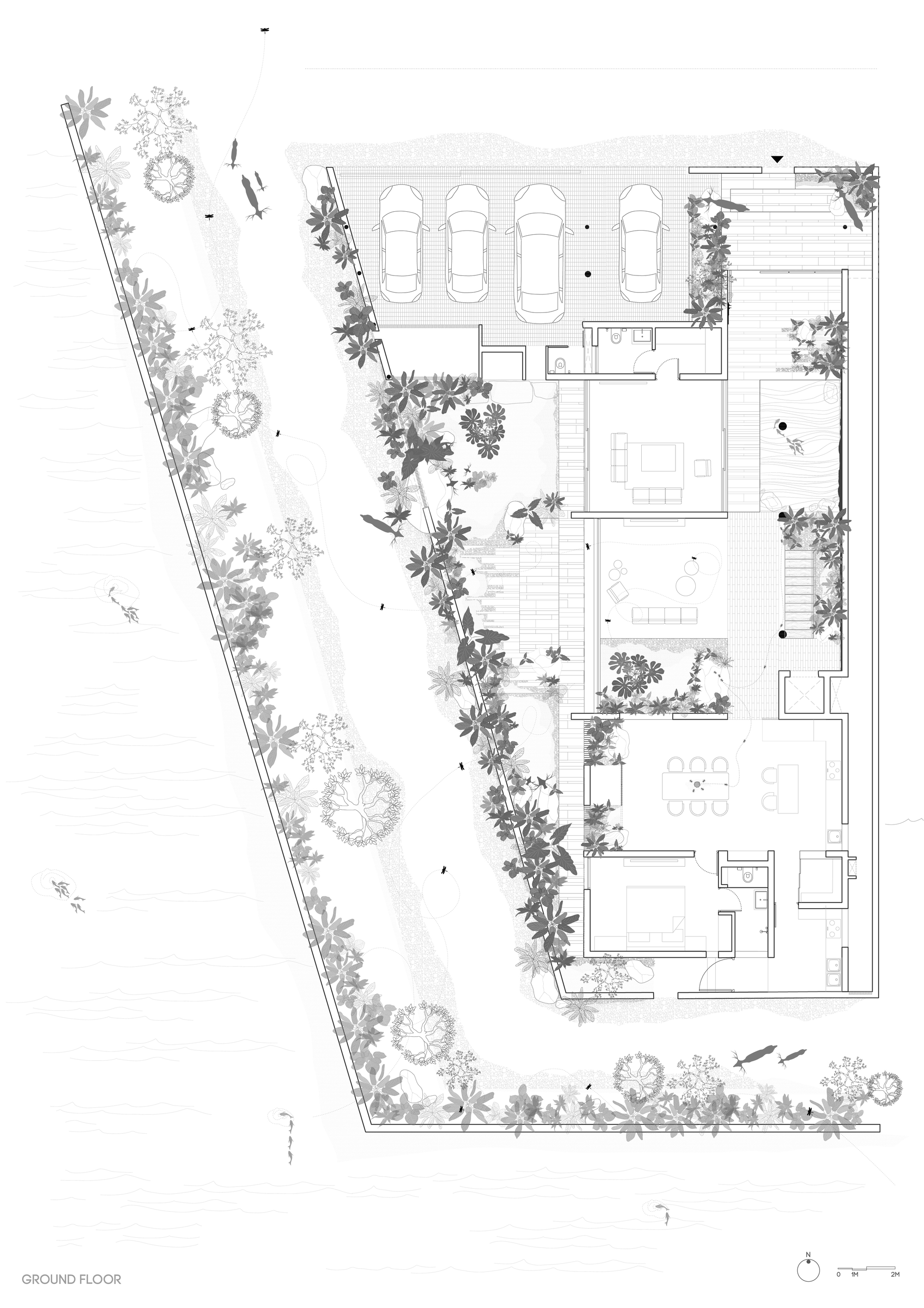 Ground floor plan drawing with four parking spaces, living rooms, dining area and bedroom opening onto planted courtyards along an angled edge