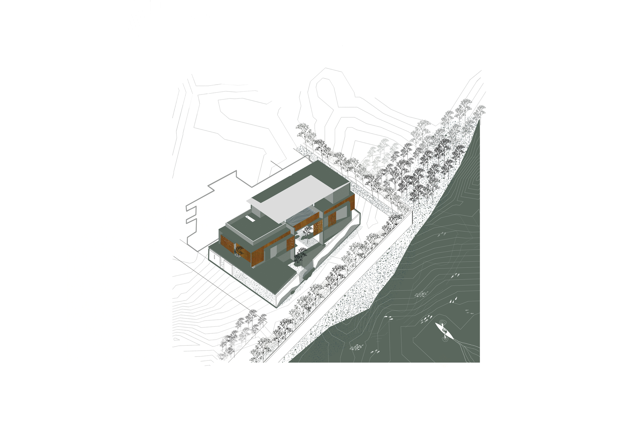 Axonometric drawing of the stepped house with rust-toned panels, set among rows of trees above a green water body with a kayak