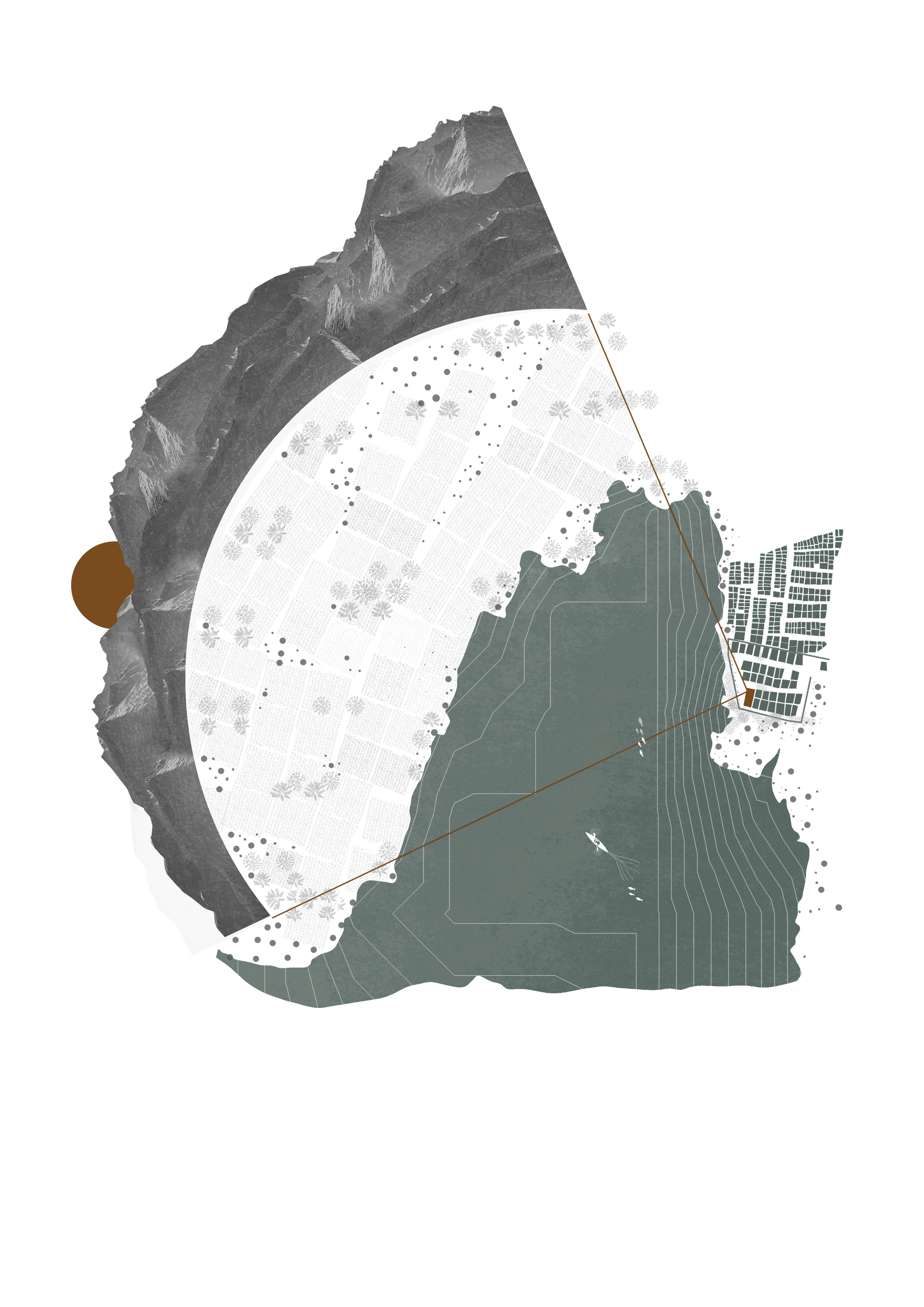 Site collage drawing combining a mountain range, a circular field grid, a green lake and a small town block with the house marked in orange
