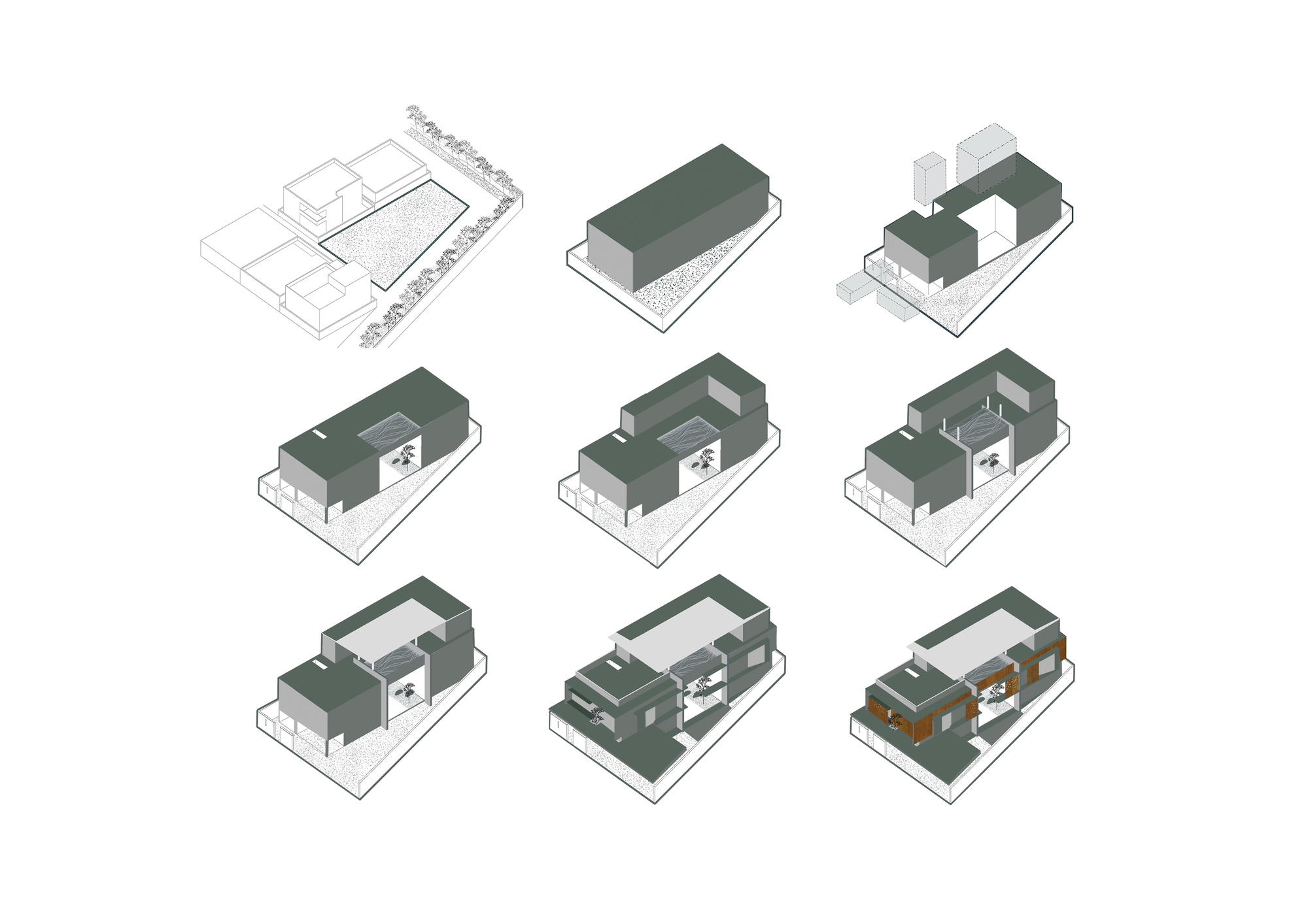 Axonometric diagram series showing a house massing evolving step by step from a plain block on a narrow site into a carved courtyard form