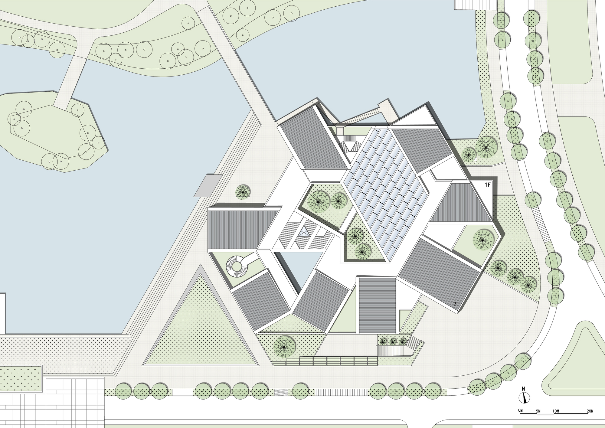 Site plan drawing showing pitched-roof volumes arranged around a central glazed skylight and courtyards beside a lake and curving road