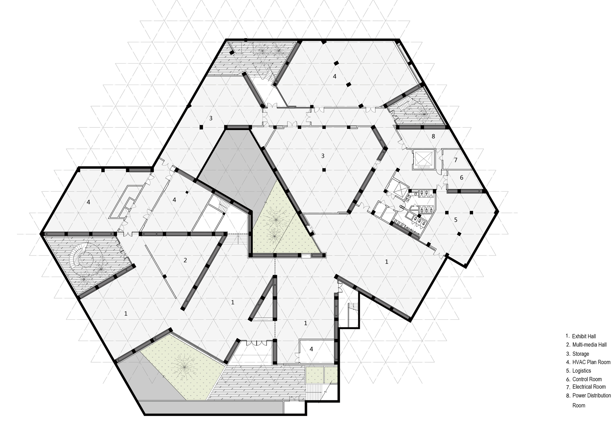 Floor plan drawing of a hexagonal building on a triangular grid, with exhibit halls, storage and service rooms around green triangular courtyards