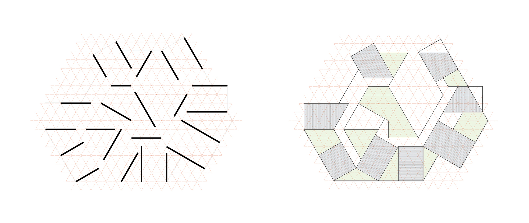 Paired diagrams on a triangular grid: scattered wall lines at left and the resulting hexagonal arrangement of shaded volumes and green courtyards at right