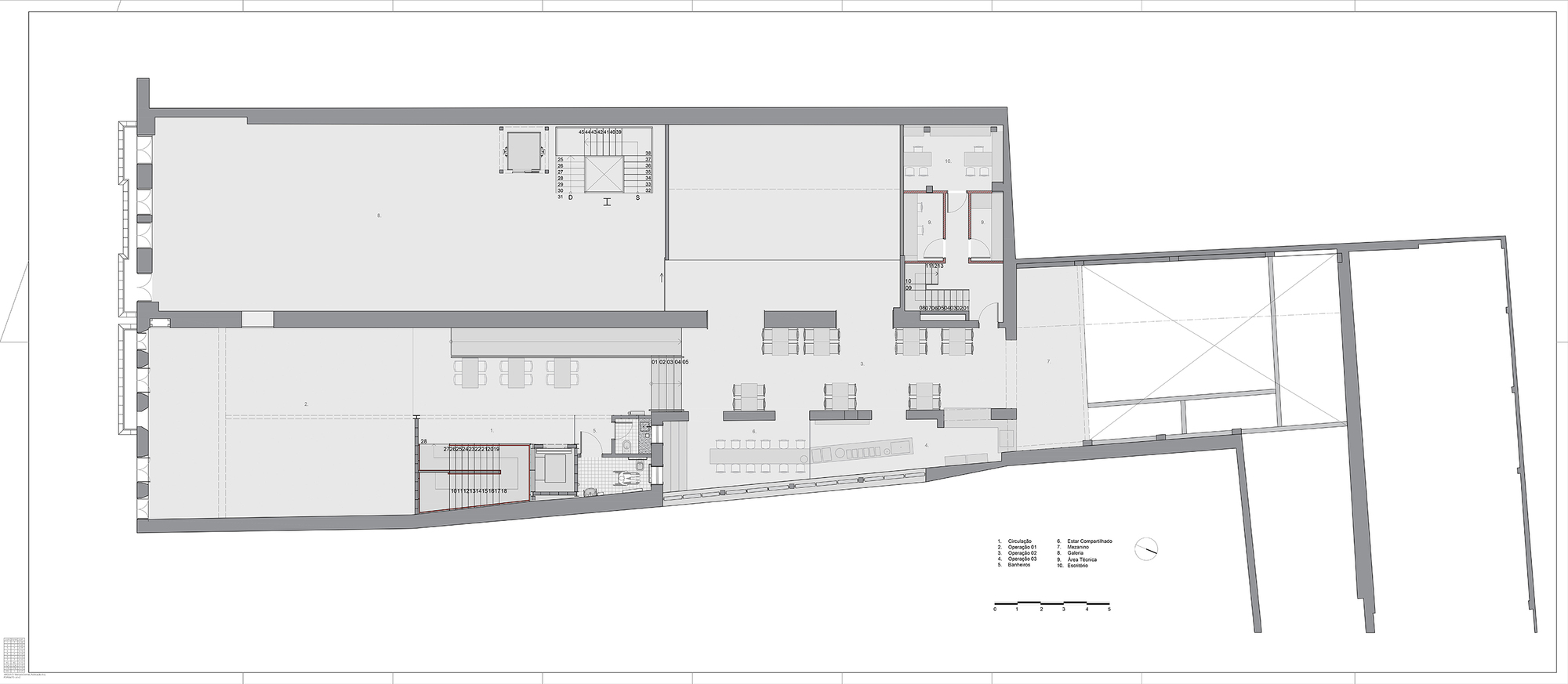 Upper floor plan drawing showing large open rooms, stair cores, a service block and a partly open courtyard void