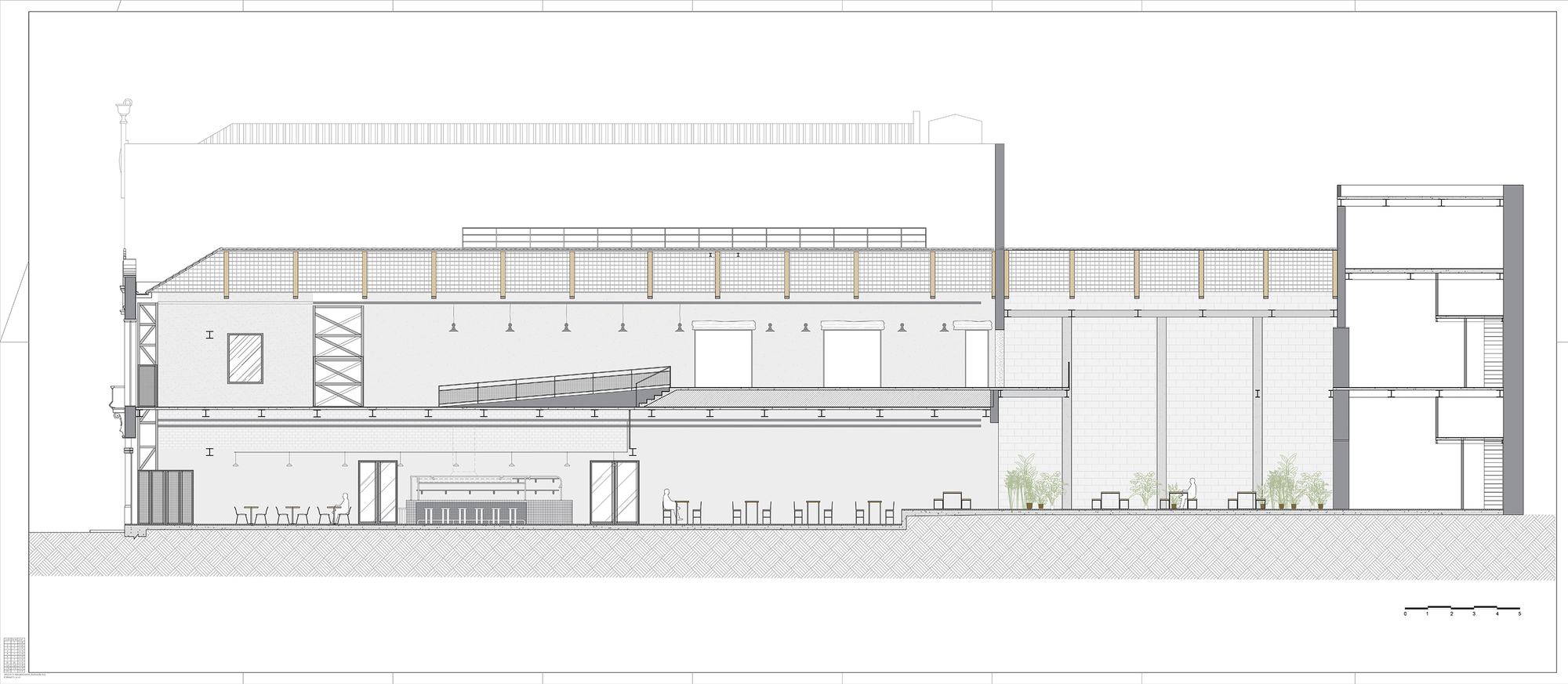 Longitudinal section drawing showing a trussed roof over a dining hall, a sloped ramp, a planted courtyard and a multi-storey block