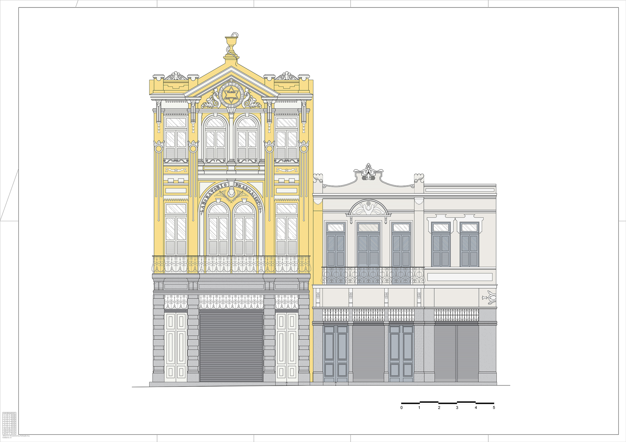 Elevation drawing of a tall yellow-highlighted ornate facade beside a lower neighbor, showing balconies, arched windows, pediment and a roll-down shutter at str