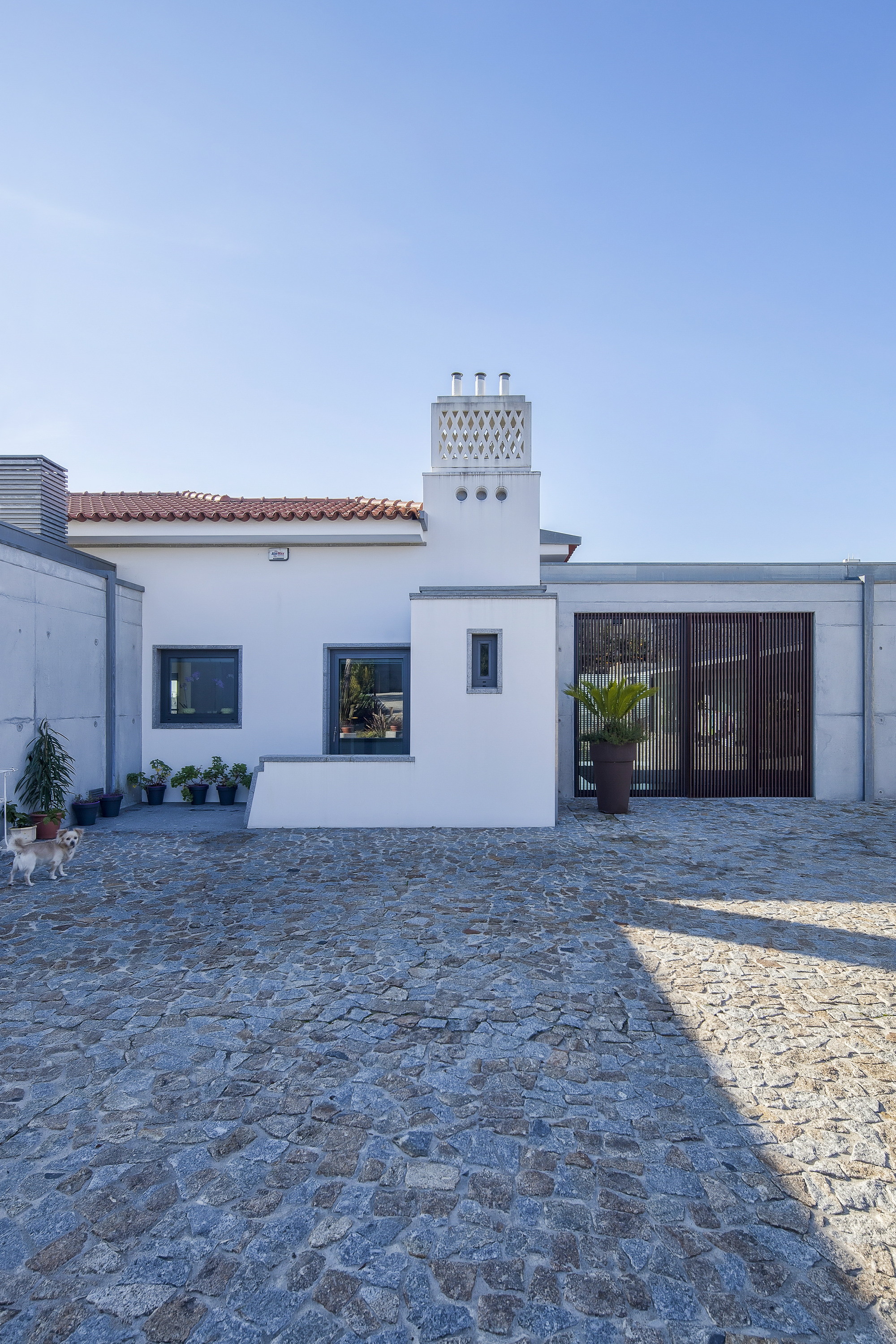 Whitewashed courtyard facade with a lattice chimney and a slatted timber gate, a potted palm, and a small dog on granite paving