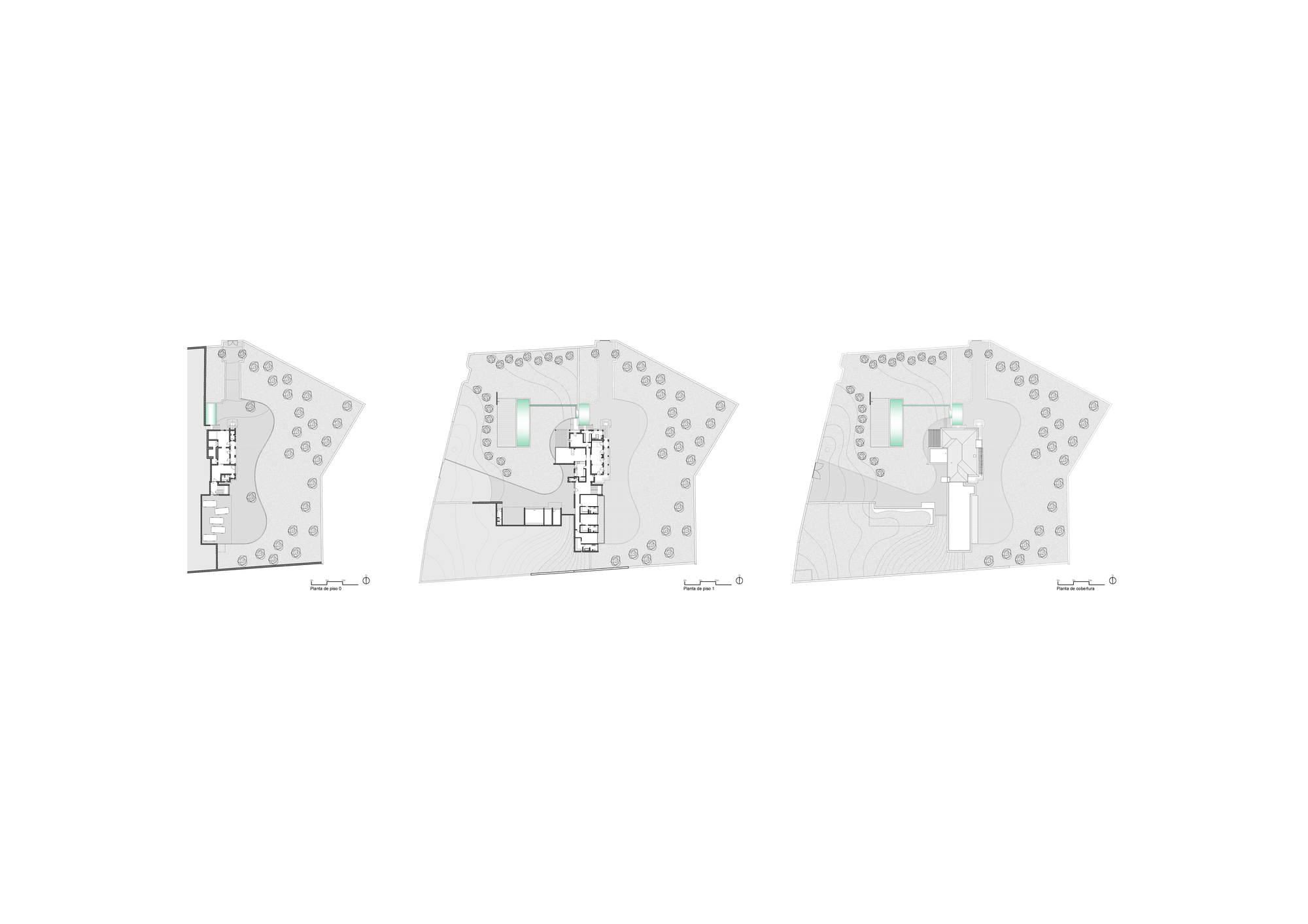 Three site plan drawings side by side showing building footprints, a pool in pale green and scattered trees across an irregular plot