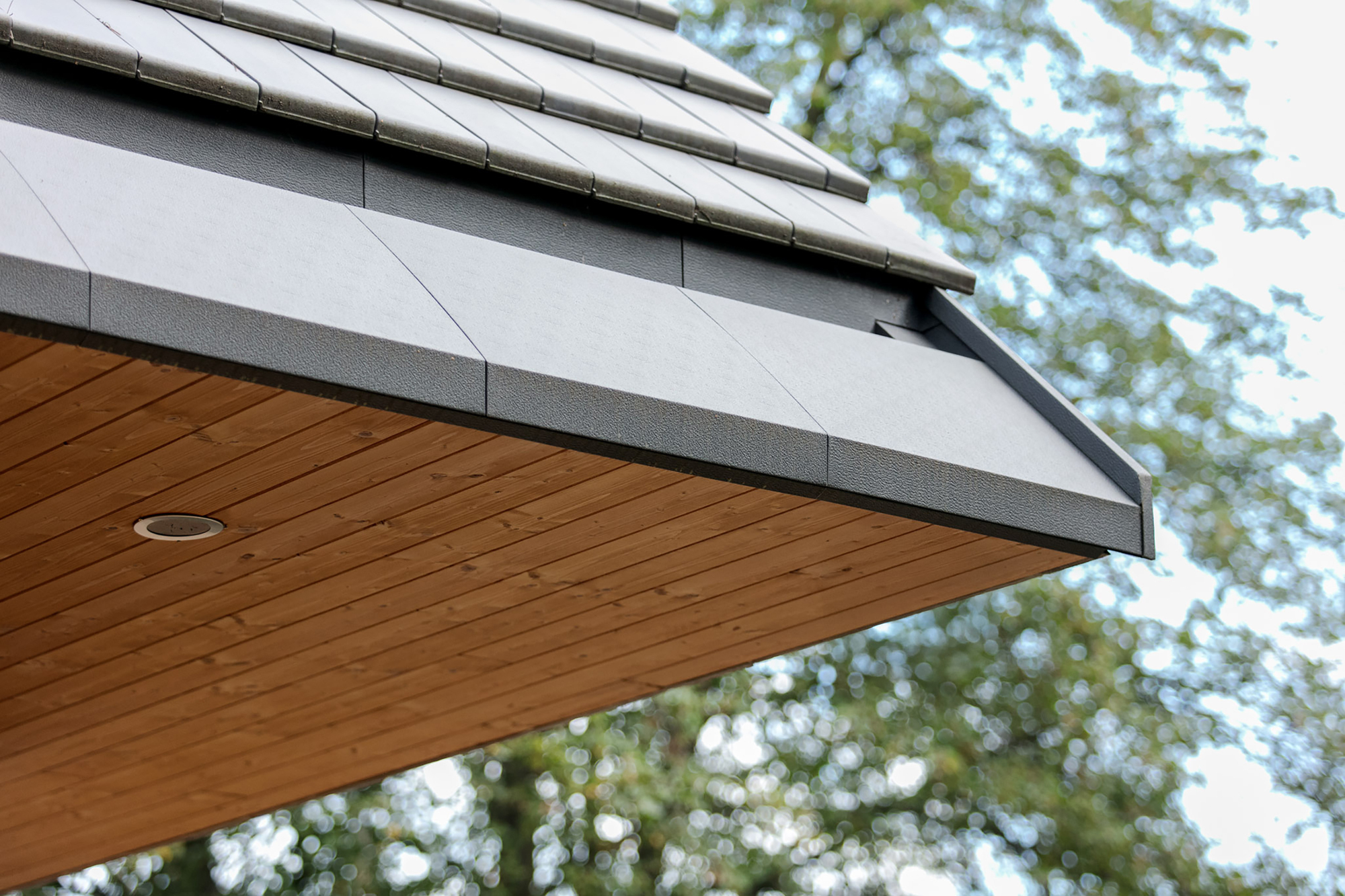 Underside of the roof eave with grey fibre cement trim and timber soffit, set against blurred tree foliage
