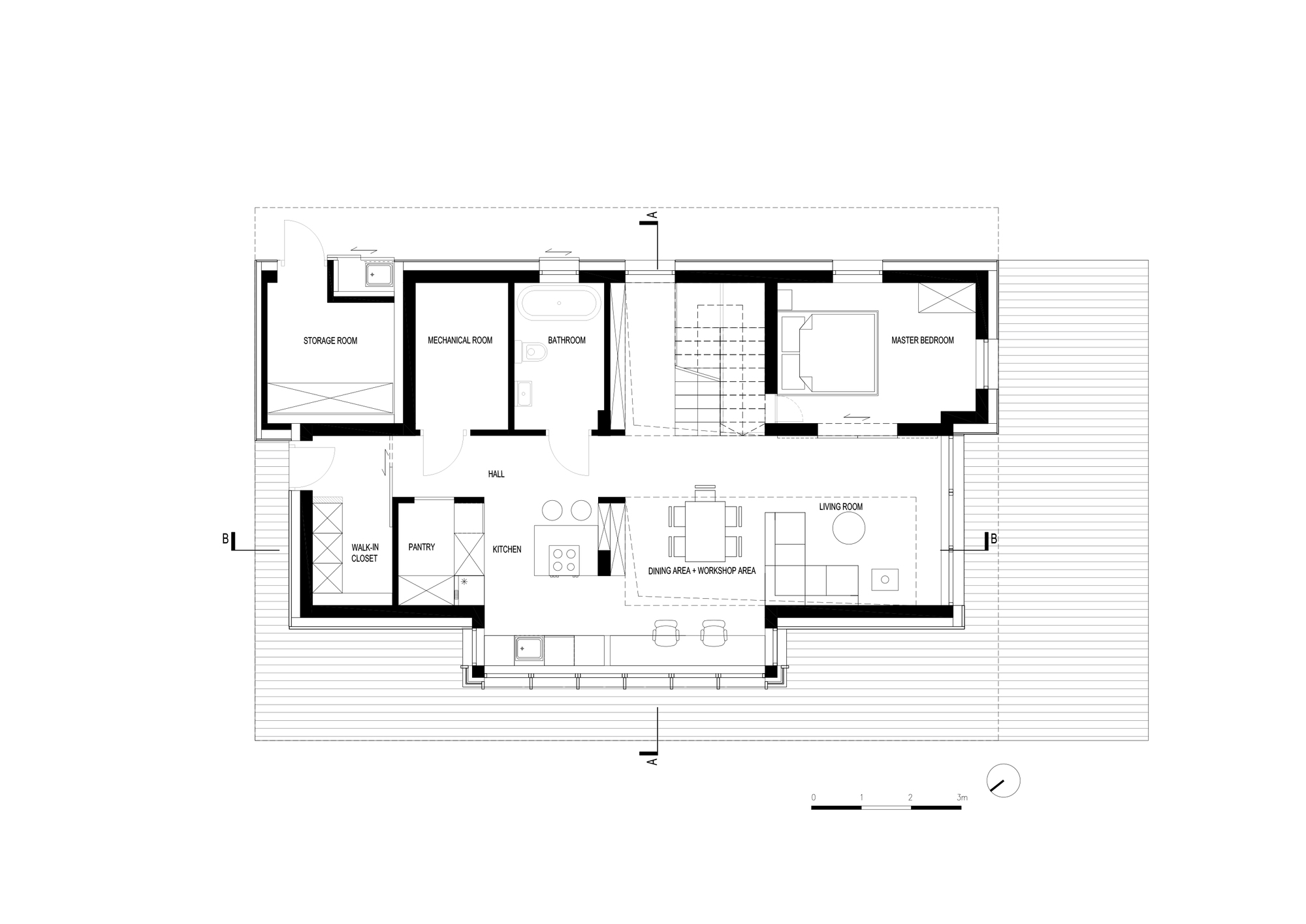Floor plan drawing showing the kitchen, living and dining area, master bedroom, bathroom, storage and mechanical rooms around a central hall