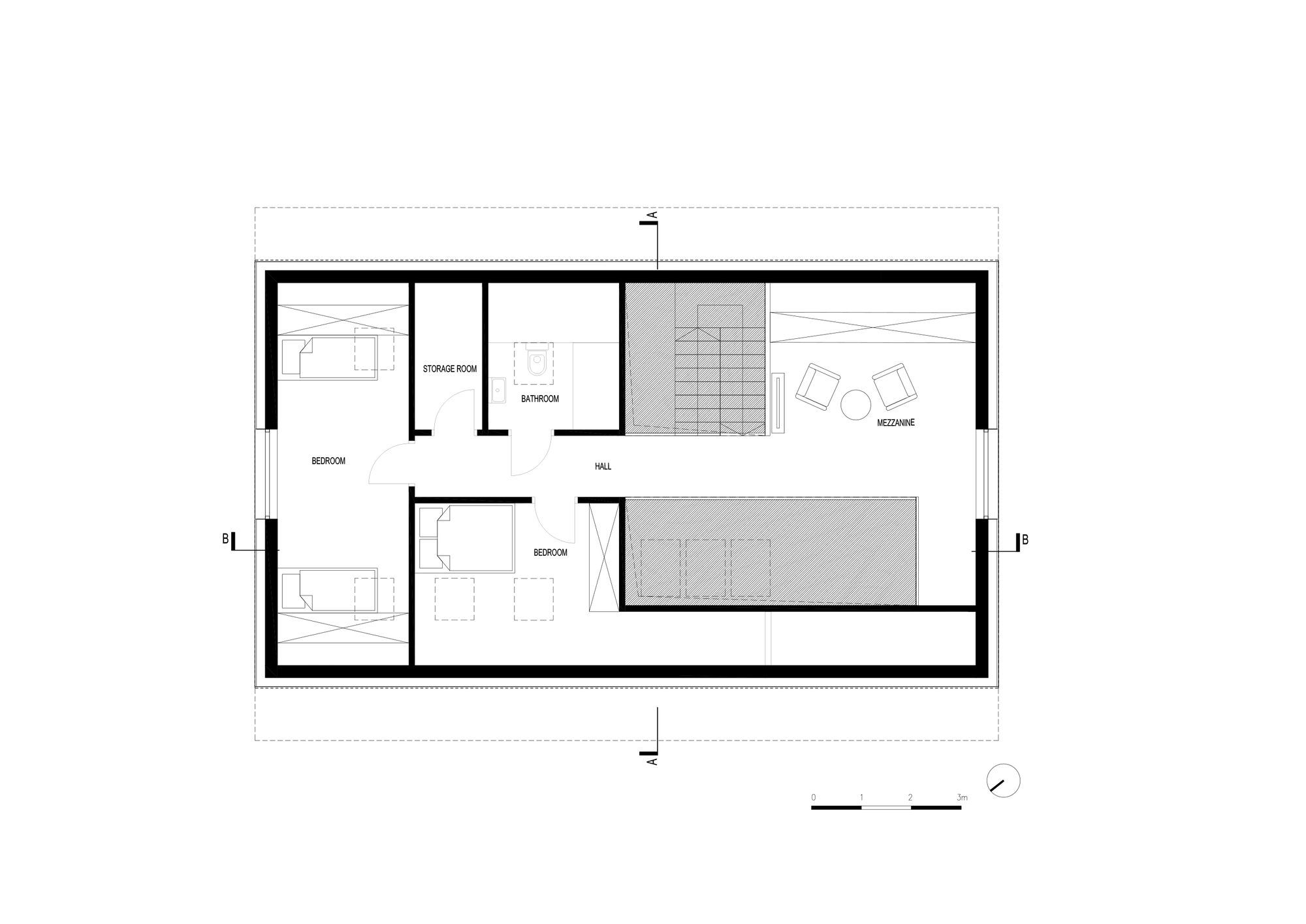 Upper floor plan drawing showing two bedrooms, a bathroom, storage room, central hall, stair and a mezzanine with two chairs