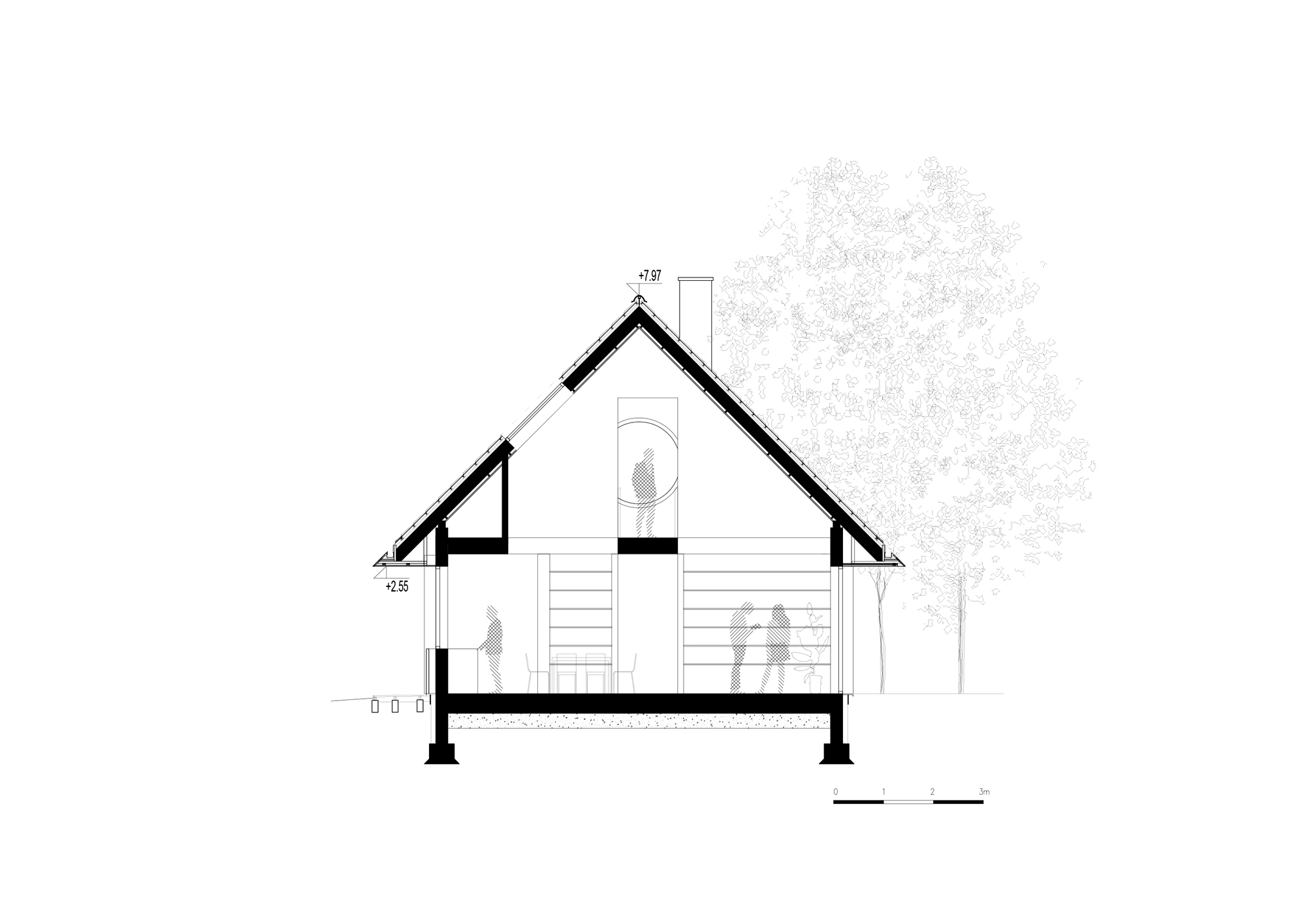 Cross section drawing through the steep gabled roof, with figures inside and a tall tree beside the house