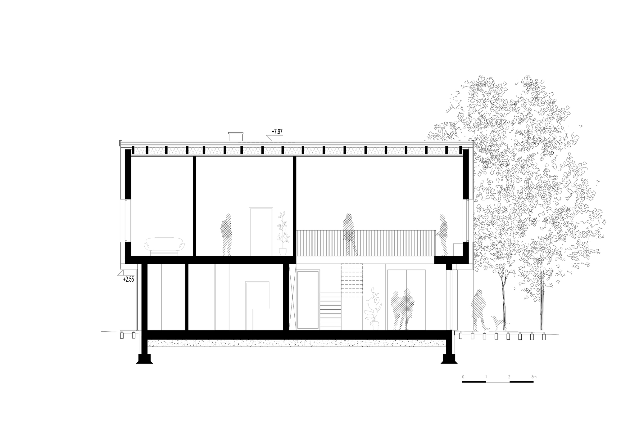 Longitudinal section drawing of the two-storey house, showing a stair, upper gallery rail and people beside a pair of trees