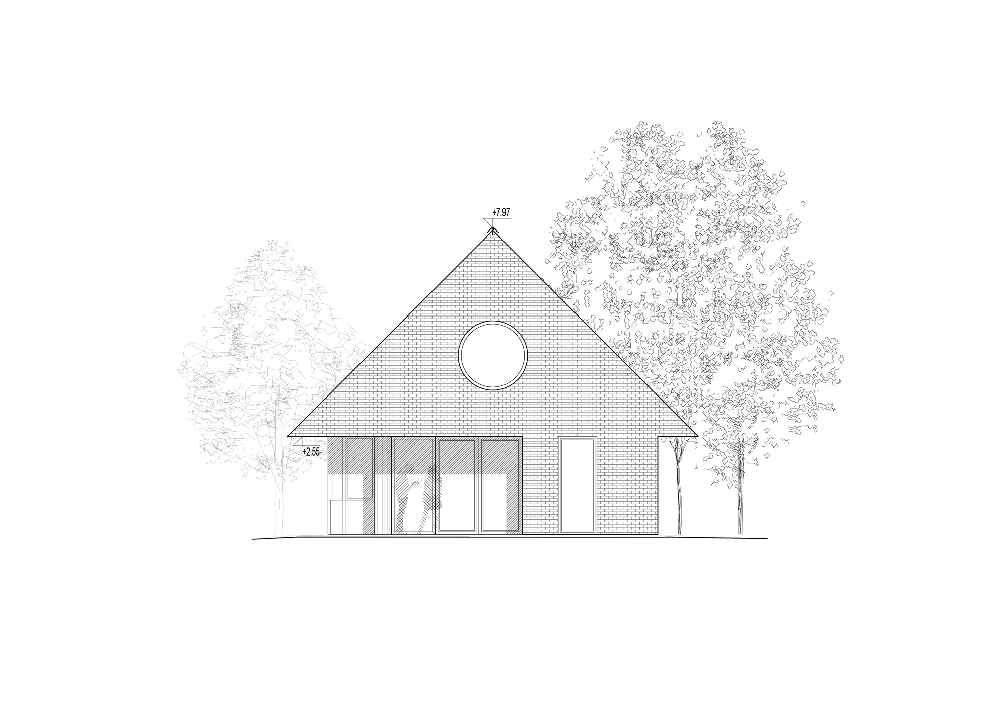 Gable elevation drawing of the brick end wall with a round window and a glazed ground floor, framed by two trees