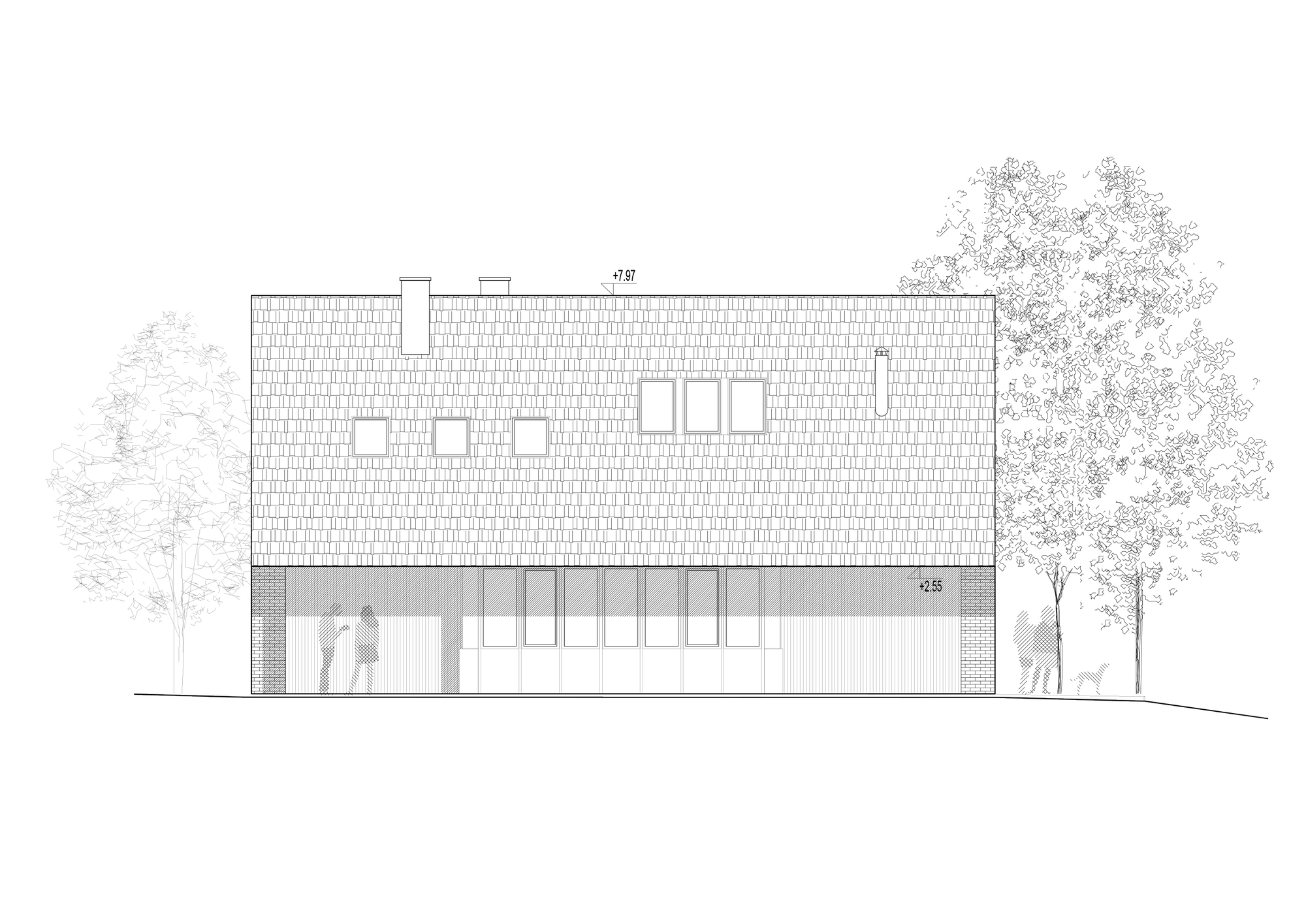 Long elevation drawing of the tiled roof plane with small windows above a glazed base, two chimneys and figures with a dog