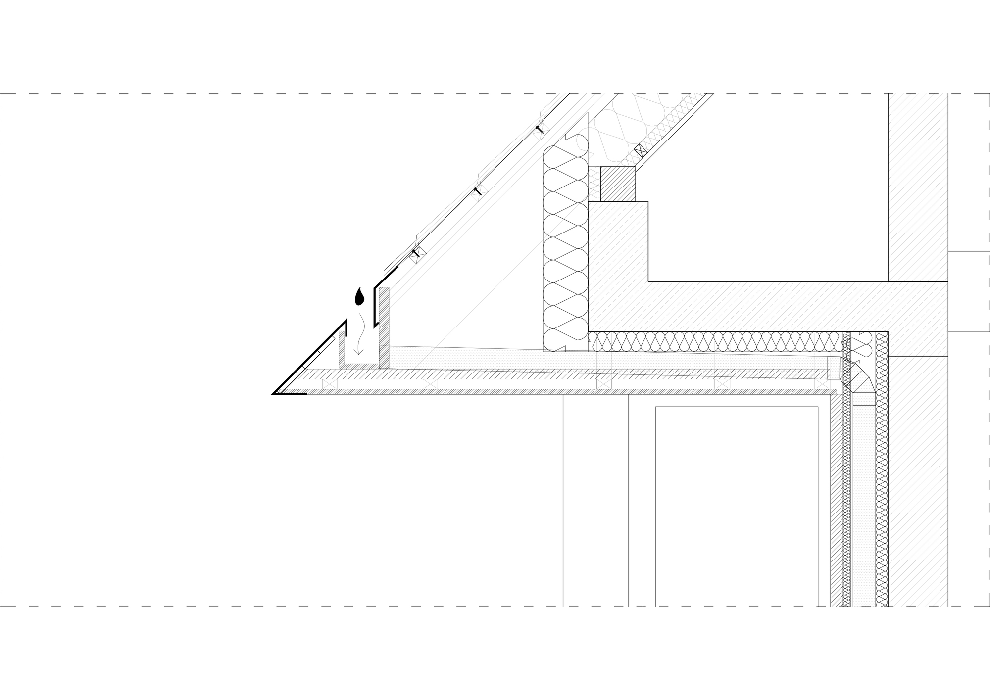 Construction detail section drawing of the roof eave, showing insulation layers, gutter, water drop and the wall junction below
