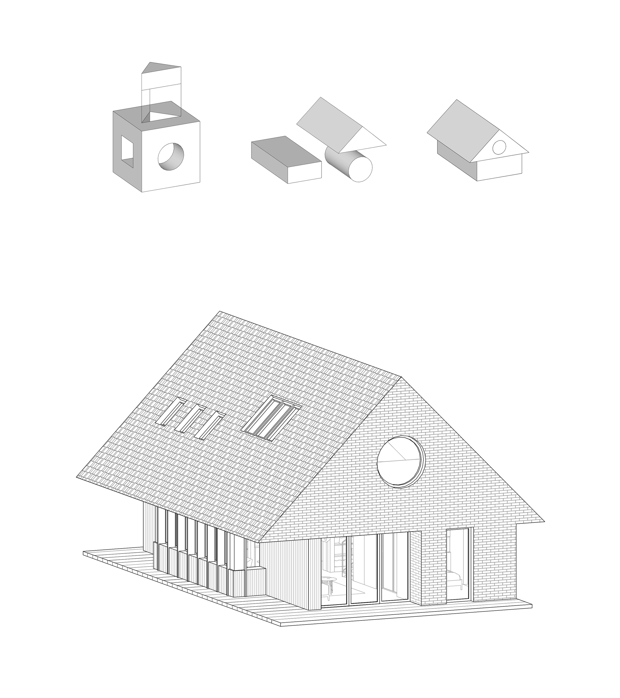 Axonometric drawing of a gabled brick house with a round gable window, roof skylights and a timber deck, above three diagrams of massing studies