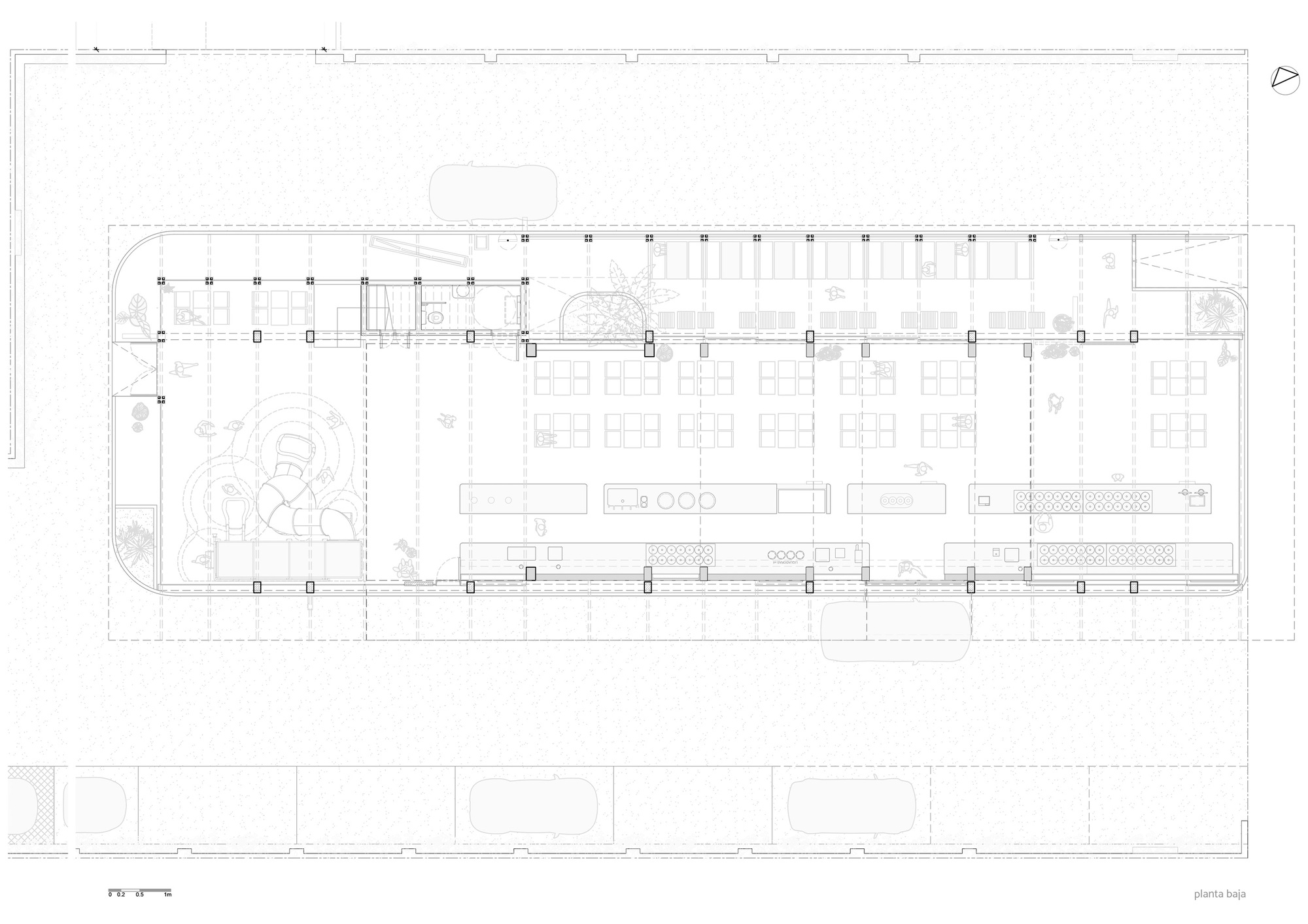 Ground floor plan drawing of an elongated rectangular building showing a column grid, long counters, table groupings and a small bathroom core