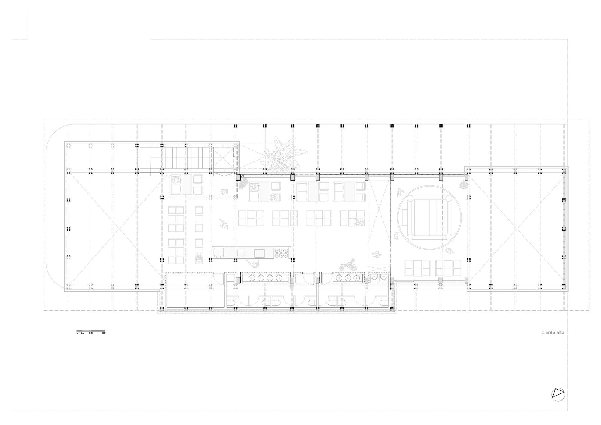 Upper floor plan drawing showing a column grid, central stair, kitchen counter, seating groups and bathrooms around a planted opening