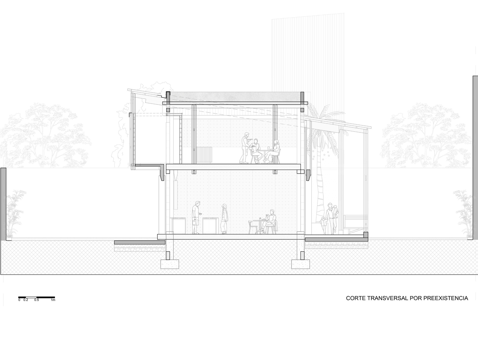Cross section drawing through the existing structure, showing two floors with people seated at tables and a palm beside the porch