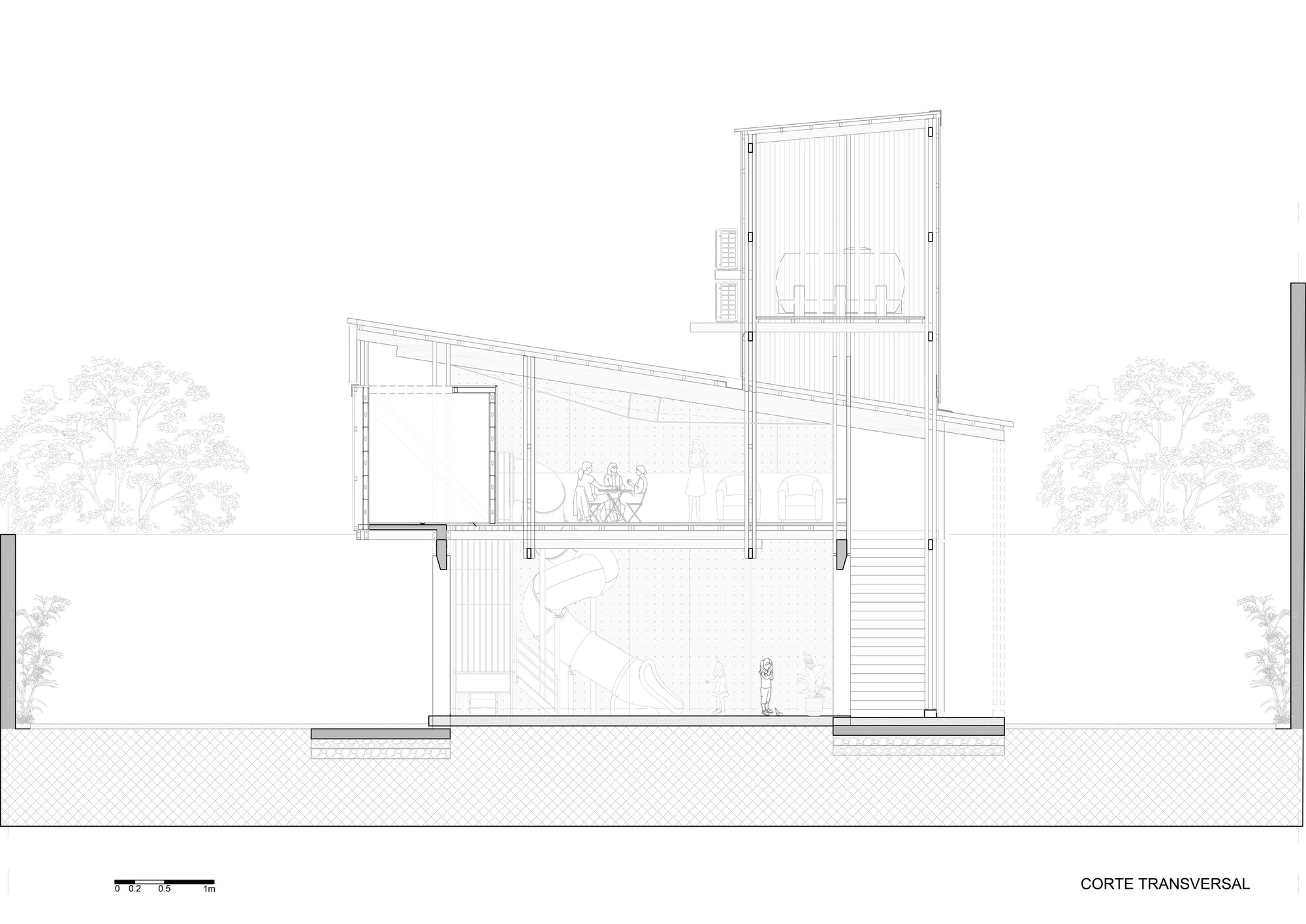 Cross section drawing of a two-level volume with a sloping roof, a tall tower holding a water tank and a slide inside