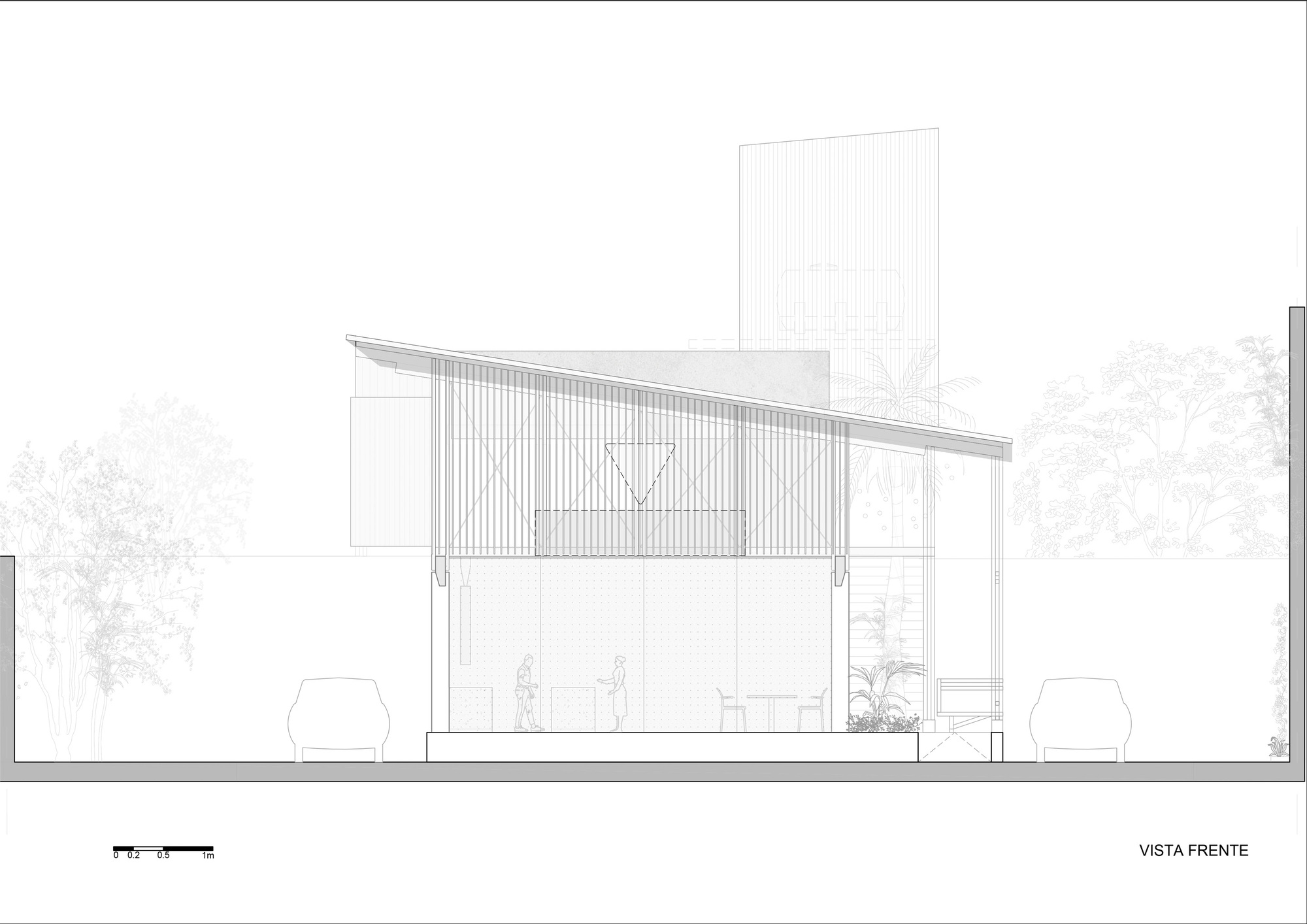 Front elevation drawing of the sloping roof and slatted upper facade, with figures inside, a tower behind and two cars at the edges