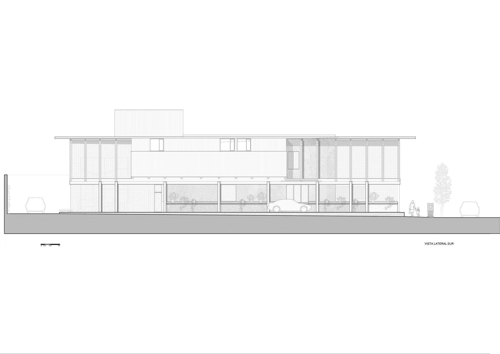 South side elevation drawing of a two-storey pavilion on slender columns with a flat roof, a parked car and a walking figure beside it