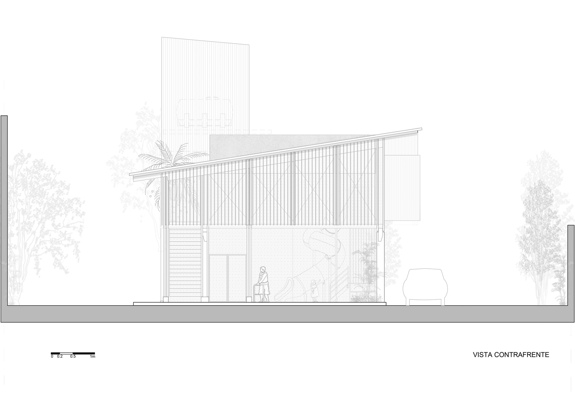 Rear elevation drawing showing a sloped roof, slatted upper screen, staircase and a palm tree, with a figure and a car at ground level