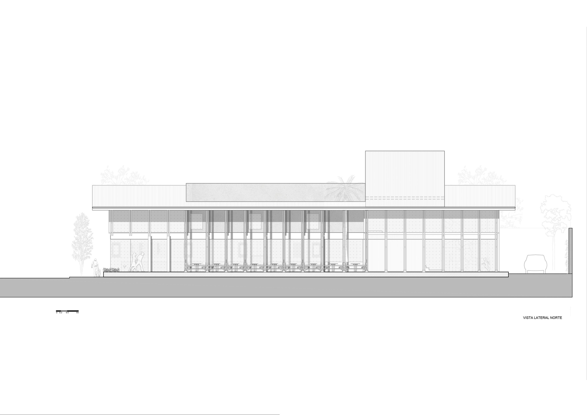 North side elevation drawing of a long glazed pavilion with a tall rooftop volume, screened bays and sparse trees at either end