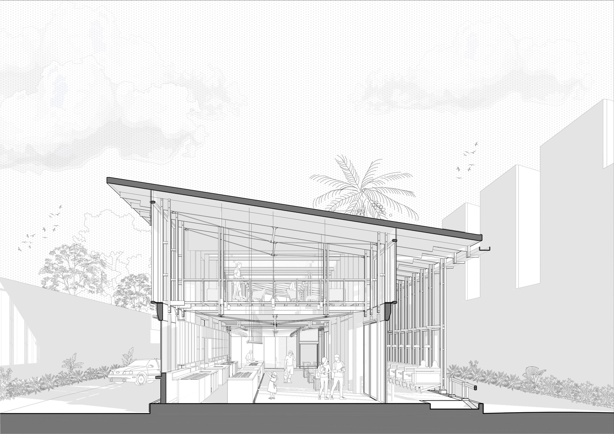 Perspective section drawing cutting through the sloped-roof pavilion, with people inside, a palm above, neighboring towers and birds in the sky