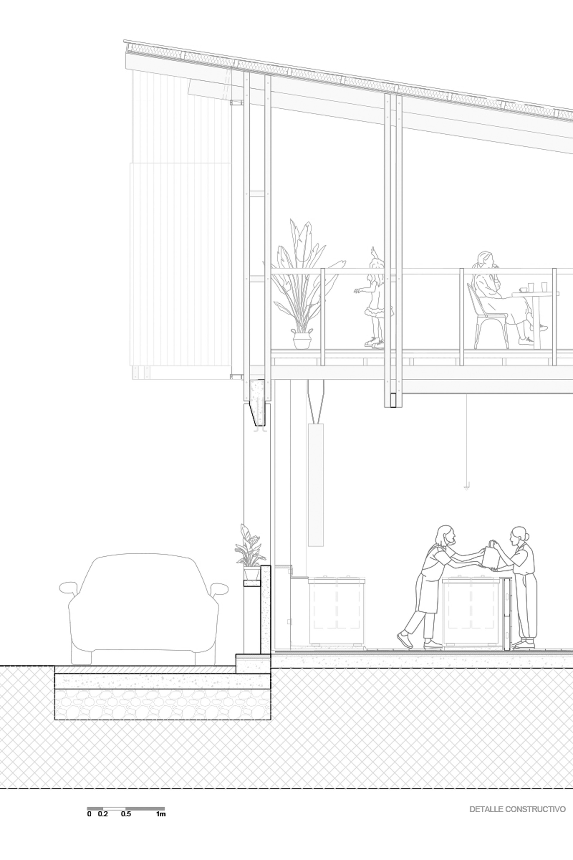Construction detail section drawing of a sloped roof, upper mezzanine with diners, and a ground-floor kitchen counter beside a parked car
