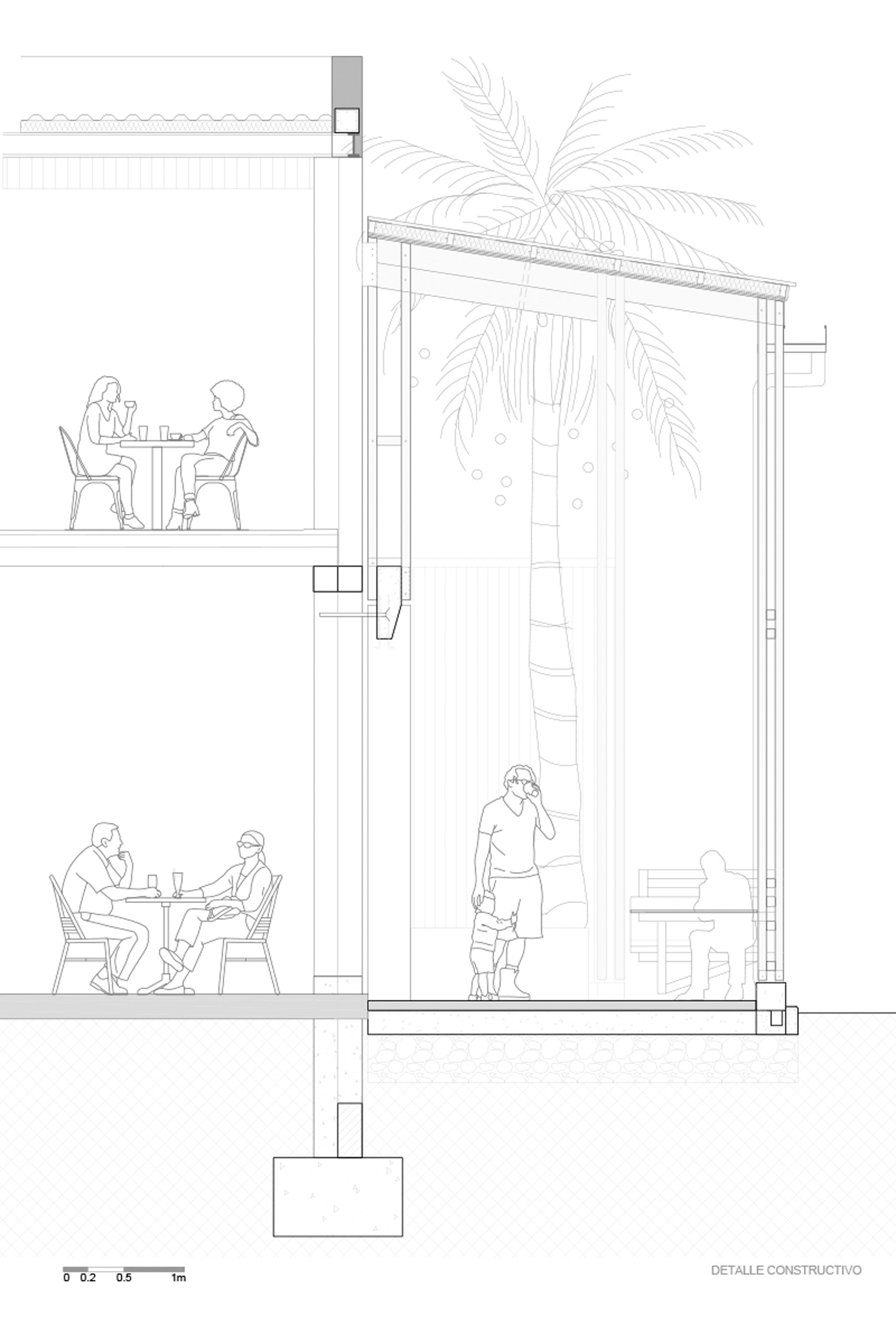 Construction detail section drawing showing two-level dining rooms beside a tall covered space around a palm tree, with a man on a phone