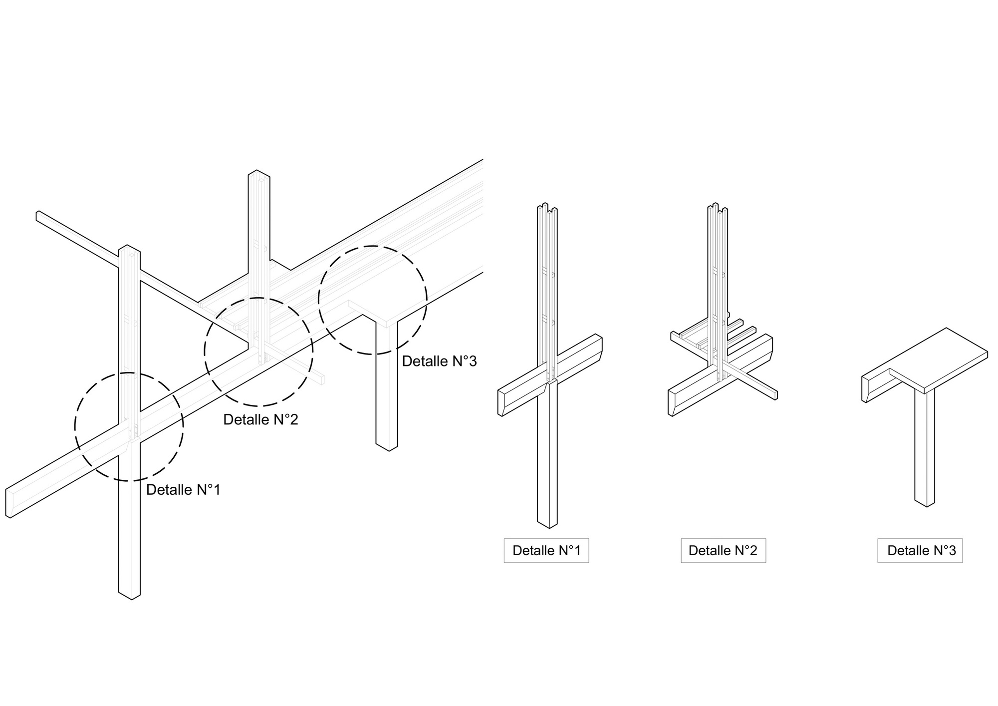 Axonometric drawing of timber column and beam joints, with three circled connections shown separately as Detalle 1, 2 and 3