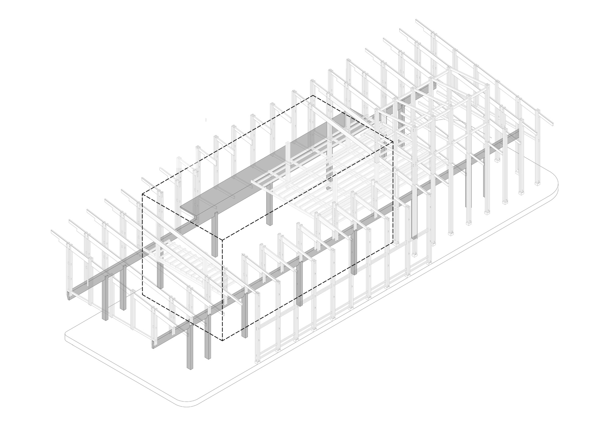 Exploded axonometric drawing of the timber frame structure, with a dashed box marking one volume of columns, beams and floor joists