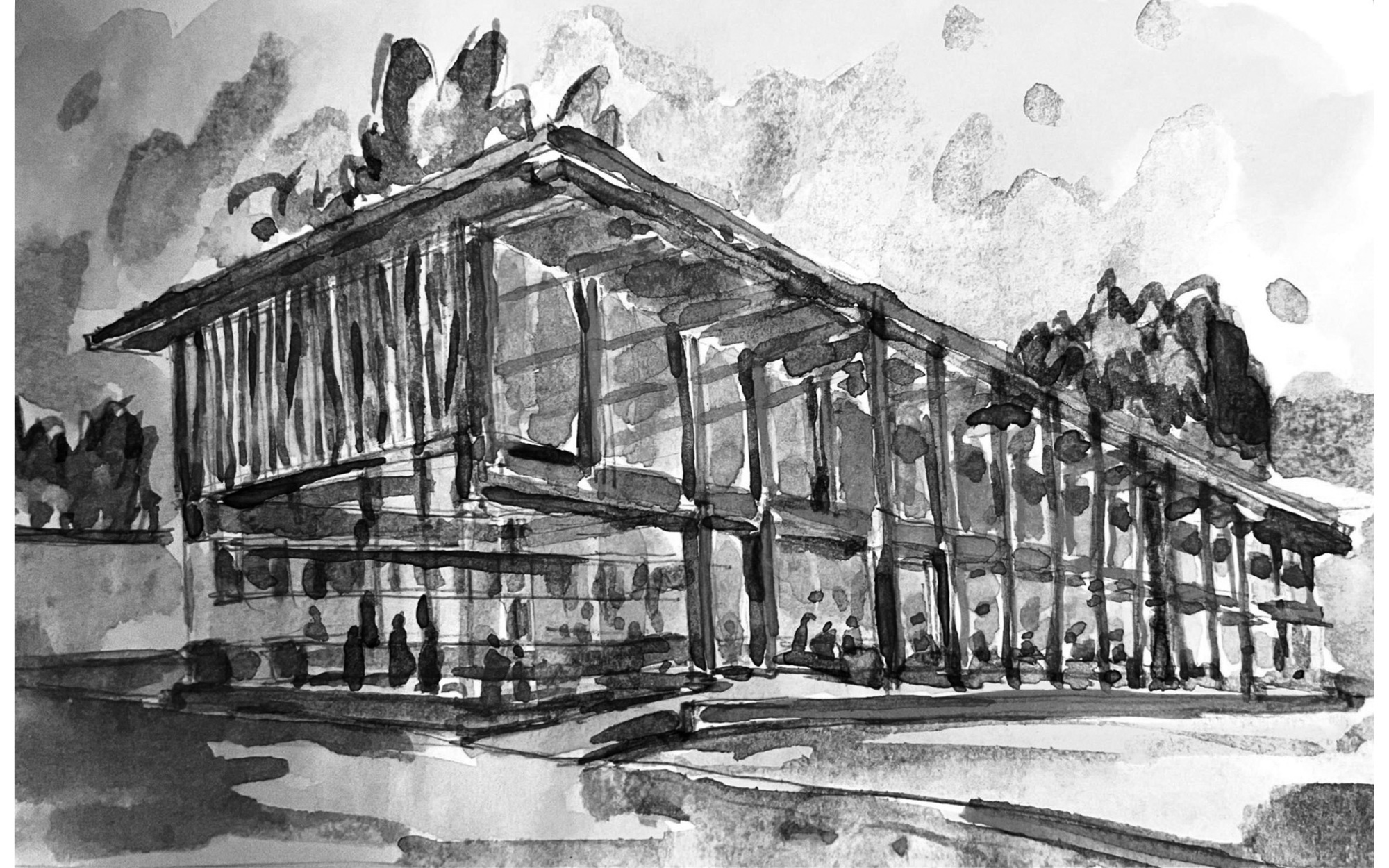 Black ink wash sketch of a long pavilion with a deep overhanging roof, slender posts and trees behind under a cloudy sky