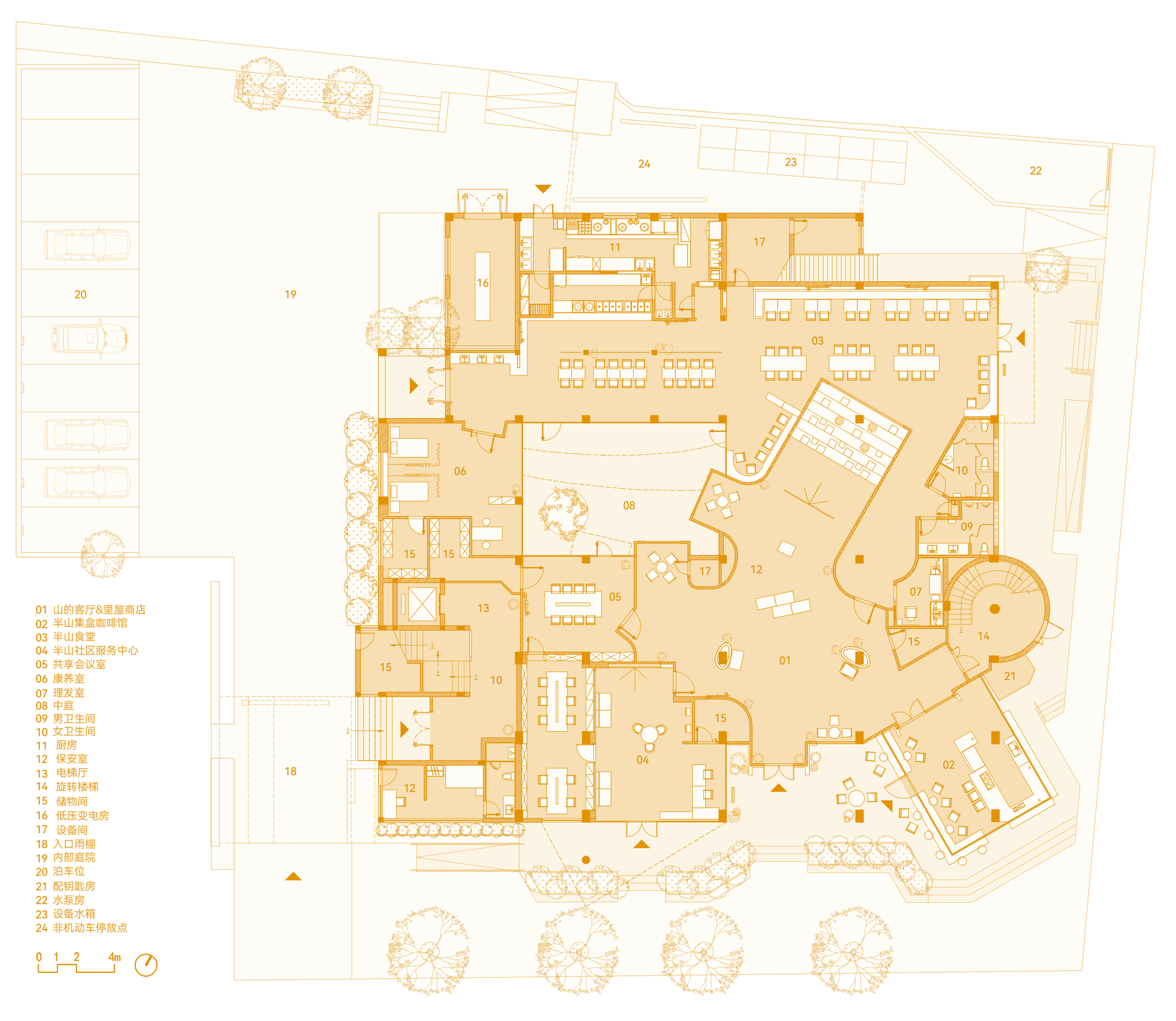Ground floor plan drawing with curving interior walls, a round spiral stair, a courtyard, parking and numbered room legend