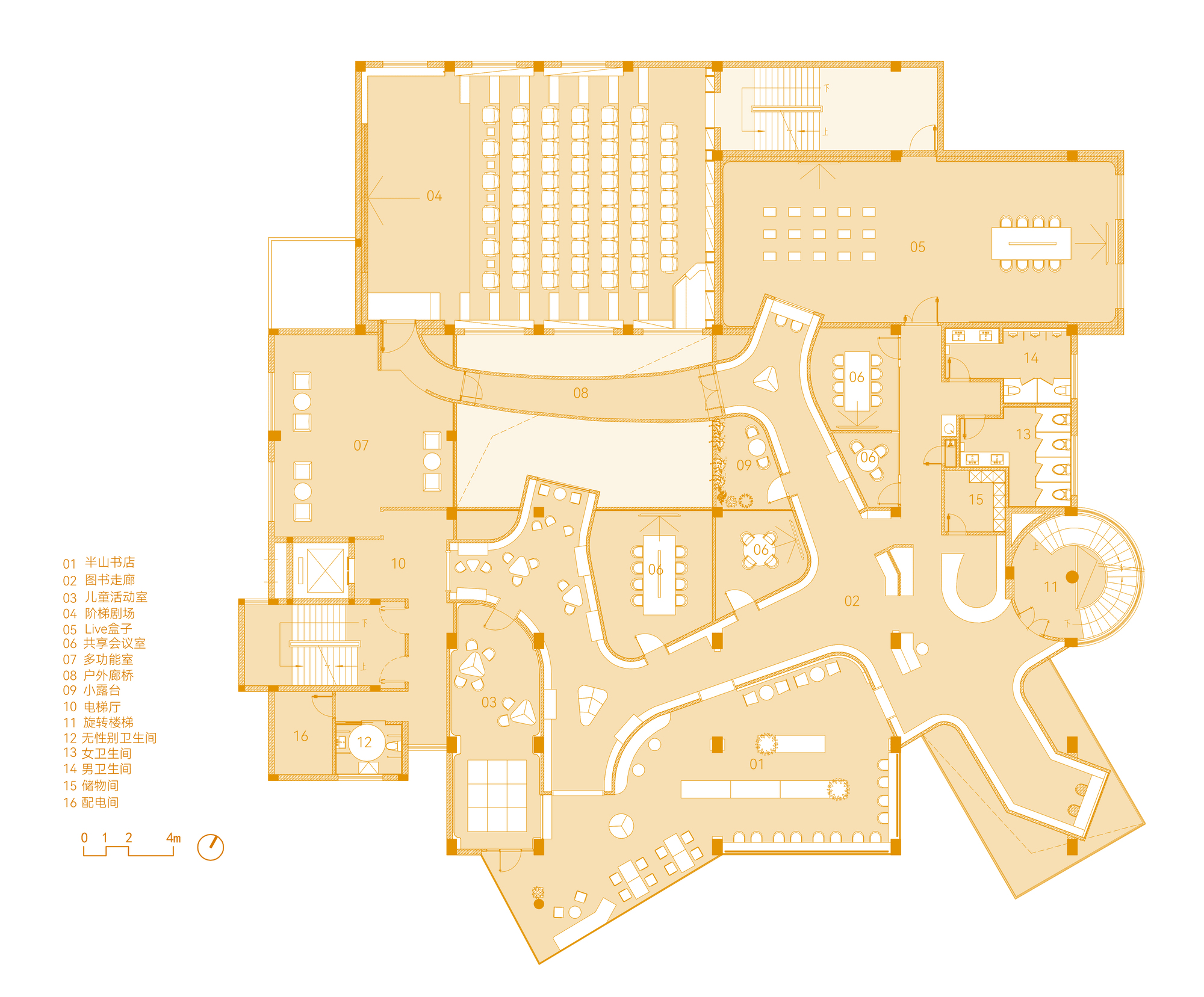 Upper floor plan drawing showing a tiered lecture hall, meeting rooms, a bookshop and a round stair around organic curving partitions