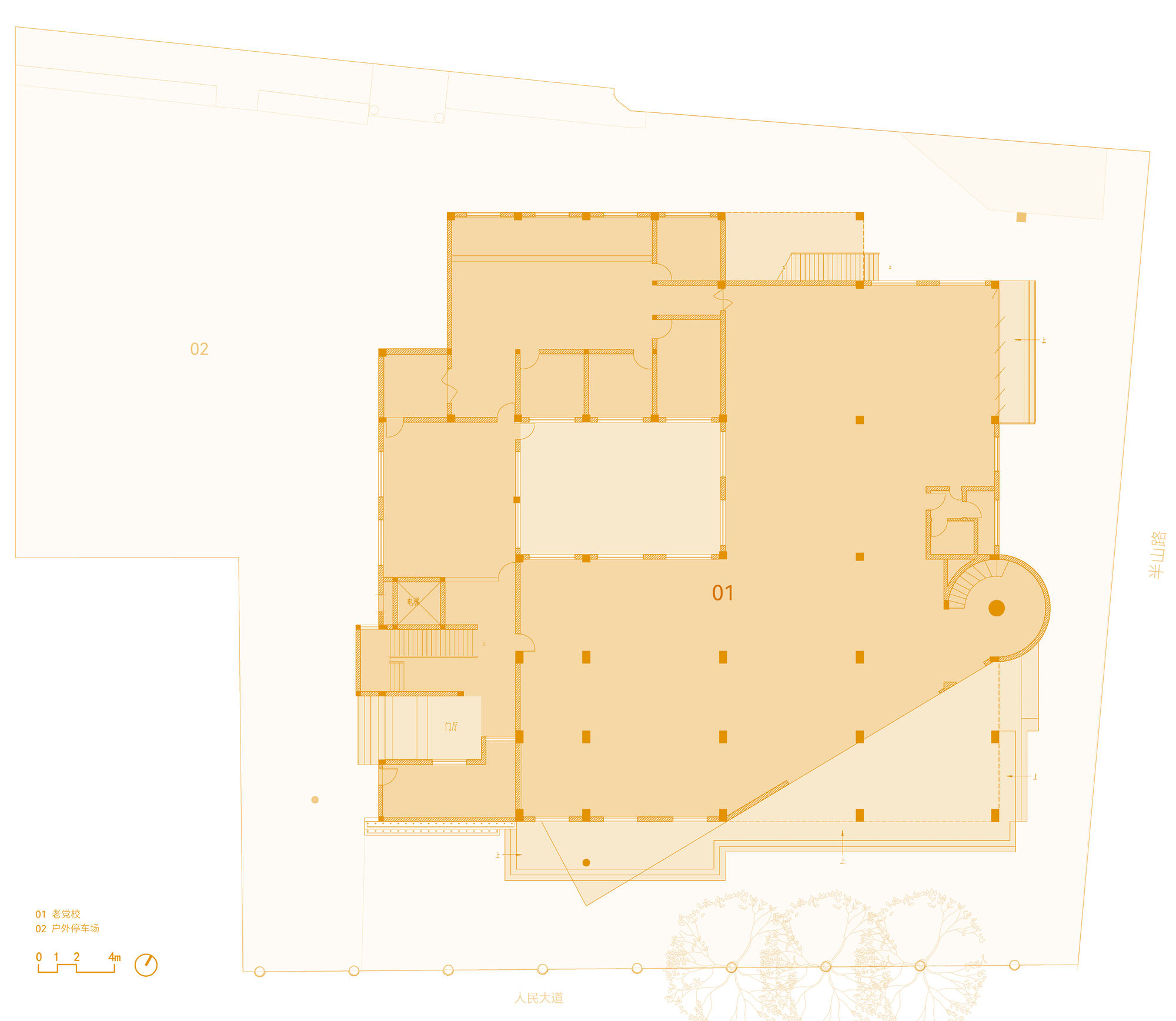 Plan drawing of the existing building's open column grid, central courtyard and round stair, with parking lot beside it