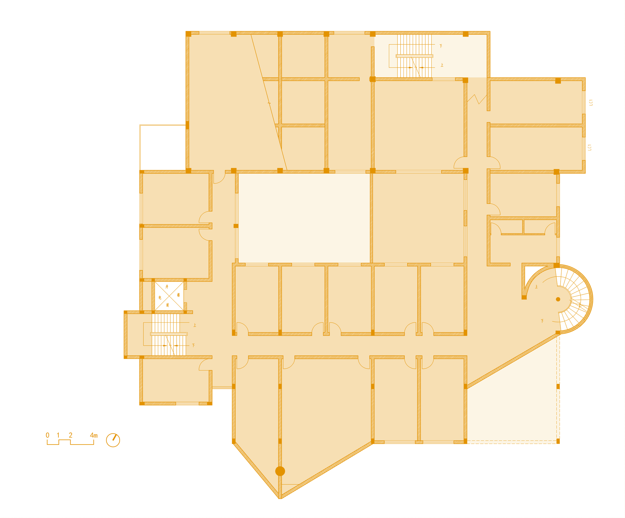 Floor plan drawing in orange tones showing rooms around a central void, a circular stair at one corner and a pointed triangular end