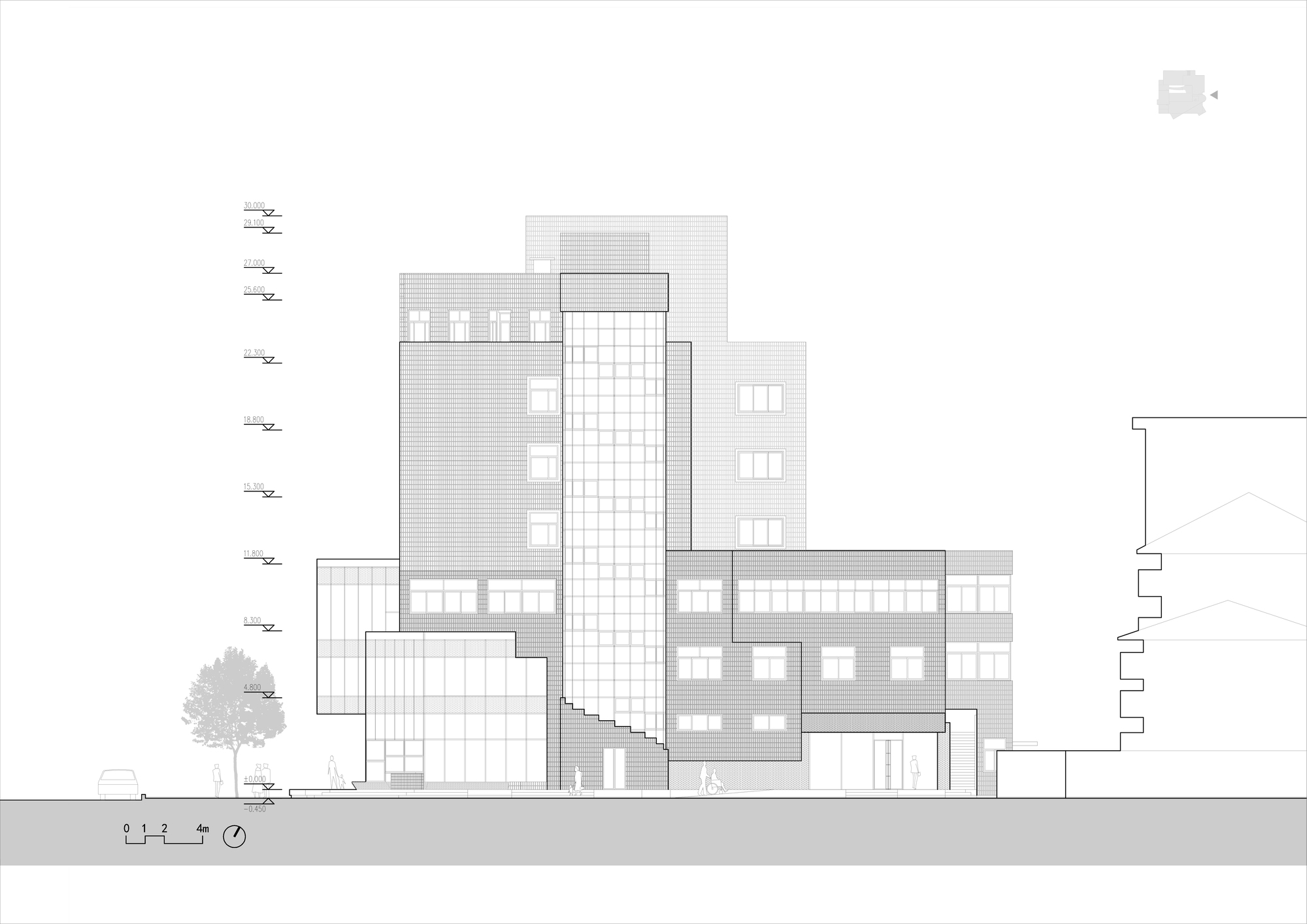 Elevation drawing of a stepped multistorey block with a tall glazed stair tower, a street tree and a parked car at left