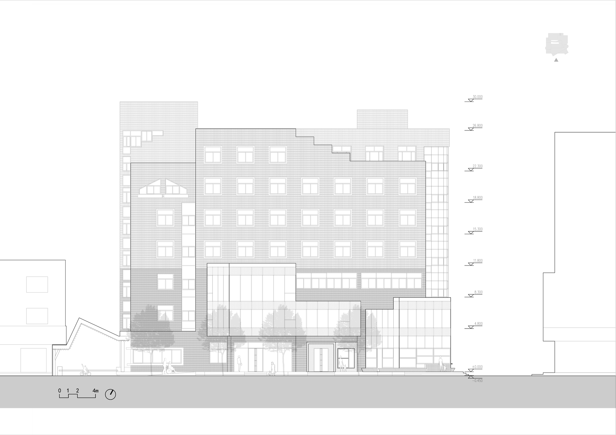 Street elevation drawing of a multistorey facade with a glazed ground-floor entrance, rows of windows, trees and small figures at street level