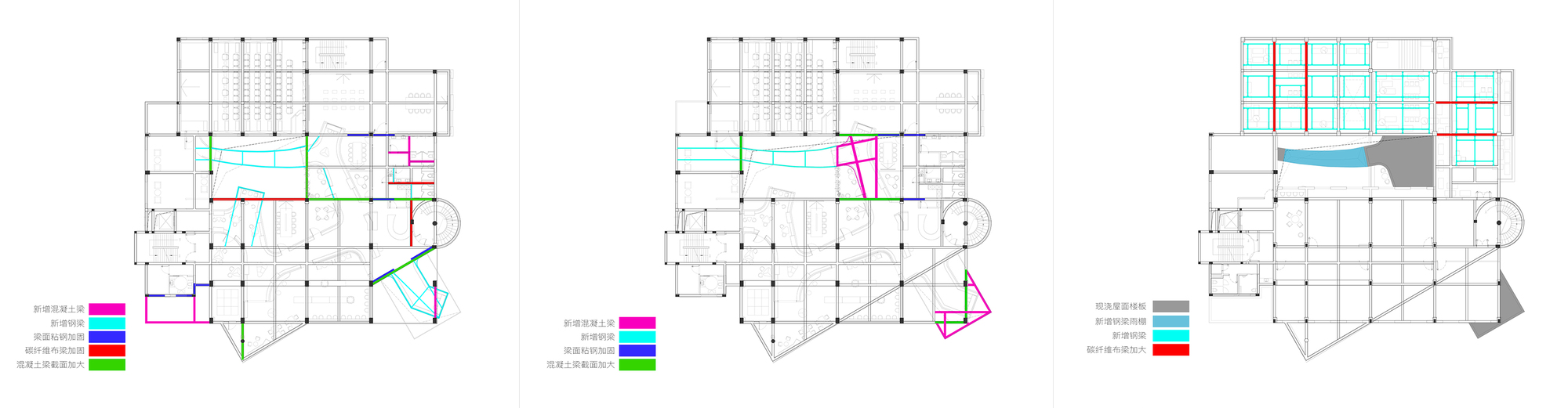 Three diagram plans with colored lines marking new walls, structural changes and opened floor areas across the same building footprint