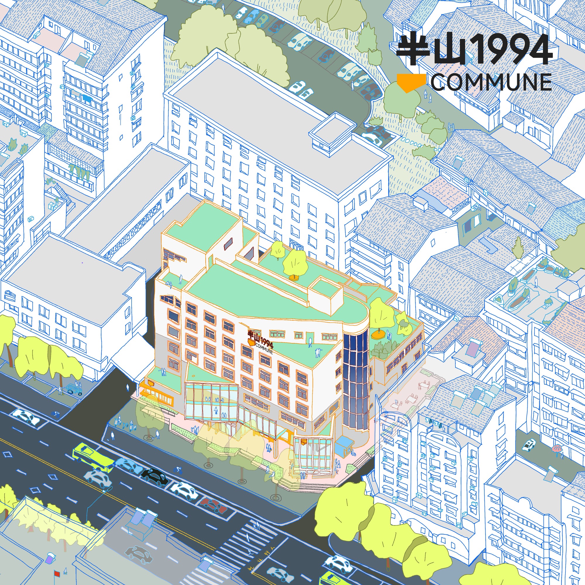 Axonometric drawing of the building with green roof terraces among older neighbors, with street traffic and yellow-green trees along the road