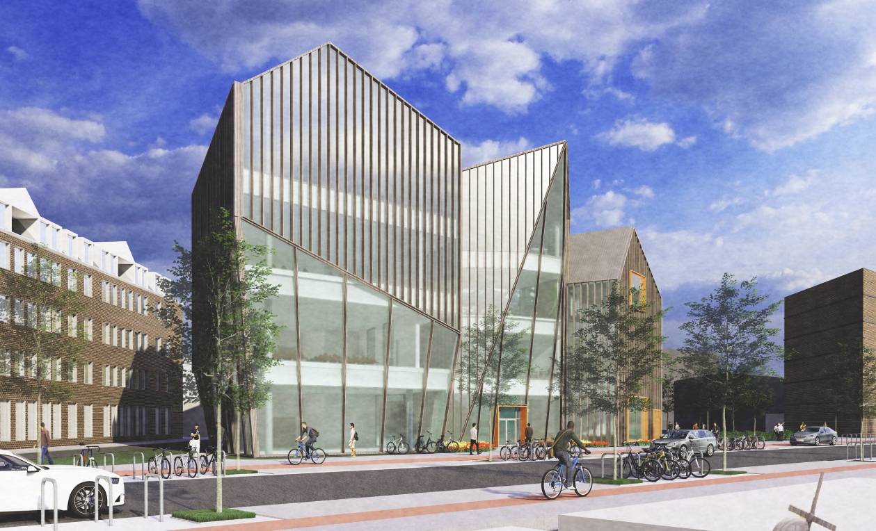 Rendering of the faceted glass and vertical-fin facade with cyclists passing under a blue sky with scattered clouds. Image: Dorota Matula