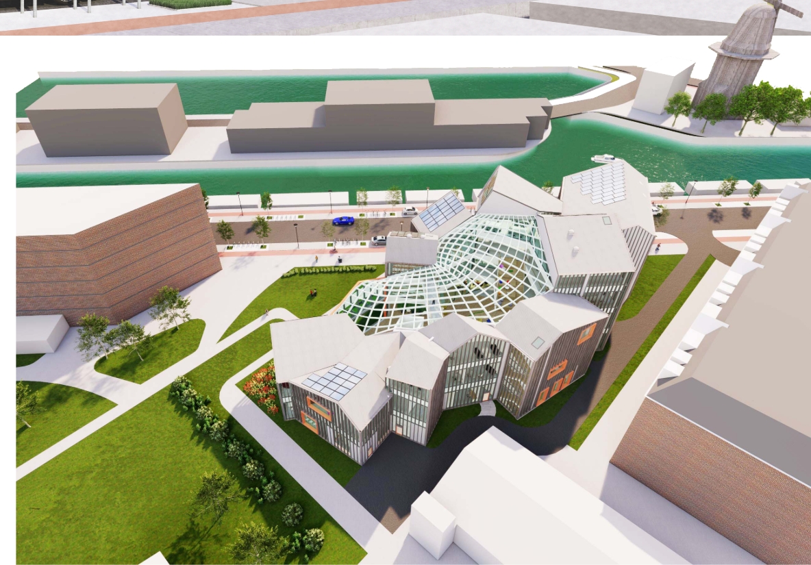 Aerial rendering of the gabled volumes and lattice glass roof beside a green canal and a windmill. Image: Dorota Matula