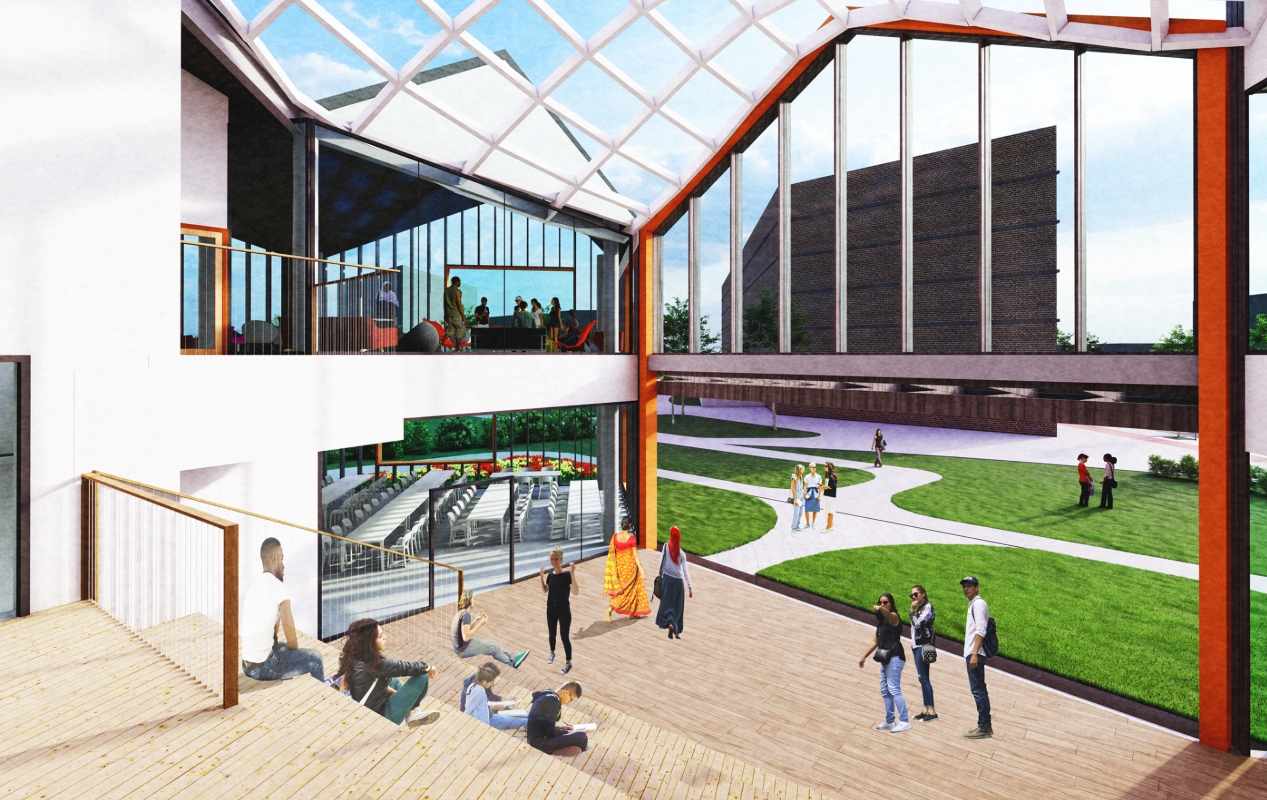 Interior rendering of a timber stepped seating area with students facing a lawn through an orange steel frame. Image: Dorota Matula