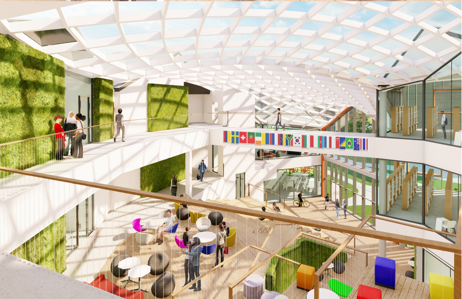 Atrium rendering with a white lattice skylight, moss walls and a row of national flags along the balcony. Image: Dorota Matula