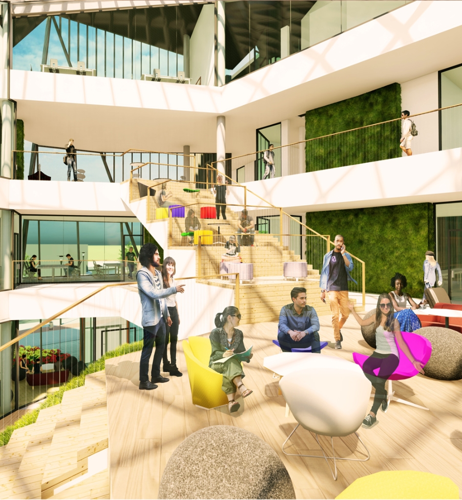 Atrium rendering of timber stepped seating with colorful chairs and moss-covered walls, people standing and sitting in sunlight. Image: Dorota Matula